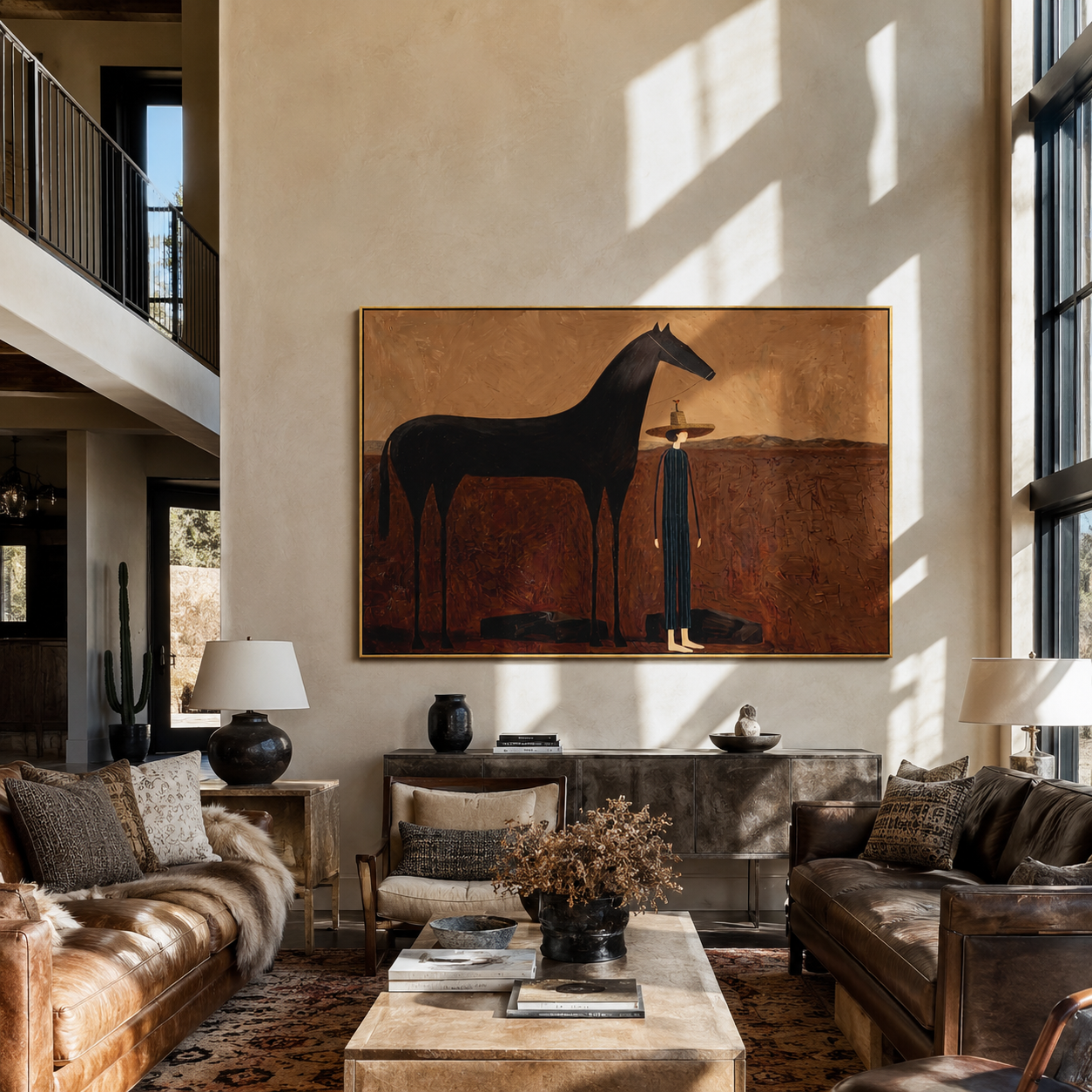 Woman Waits beside Midnight displayed in a collected contemporary interior