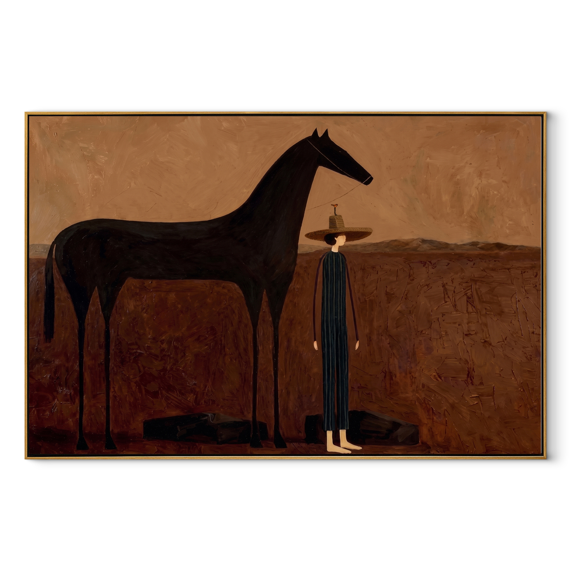 Woman Waits beside Midnight equestrian horse painting, horizontal canvas artwork