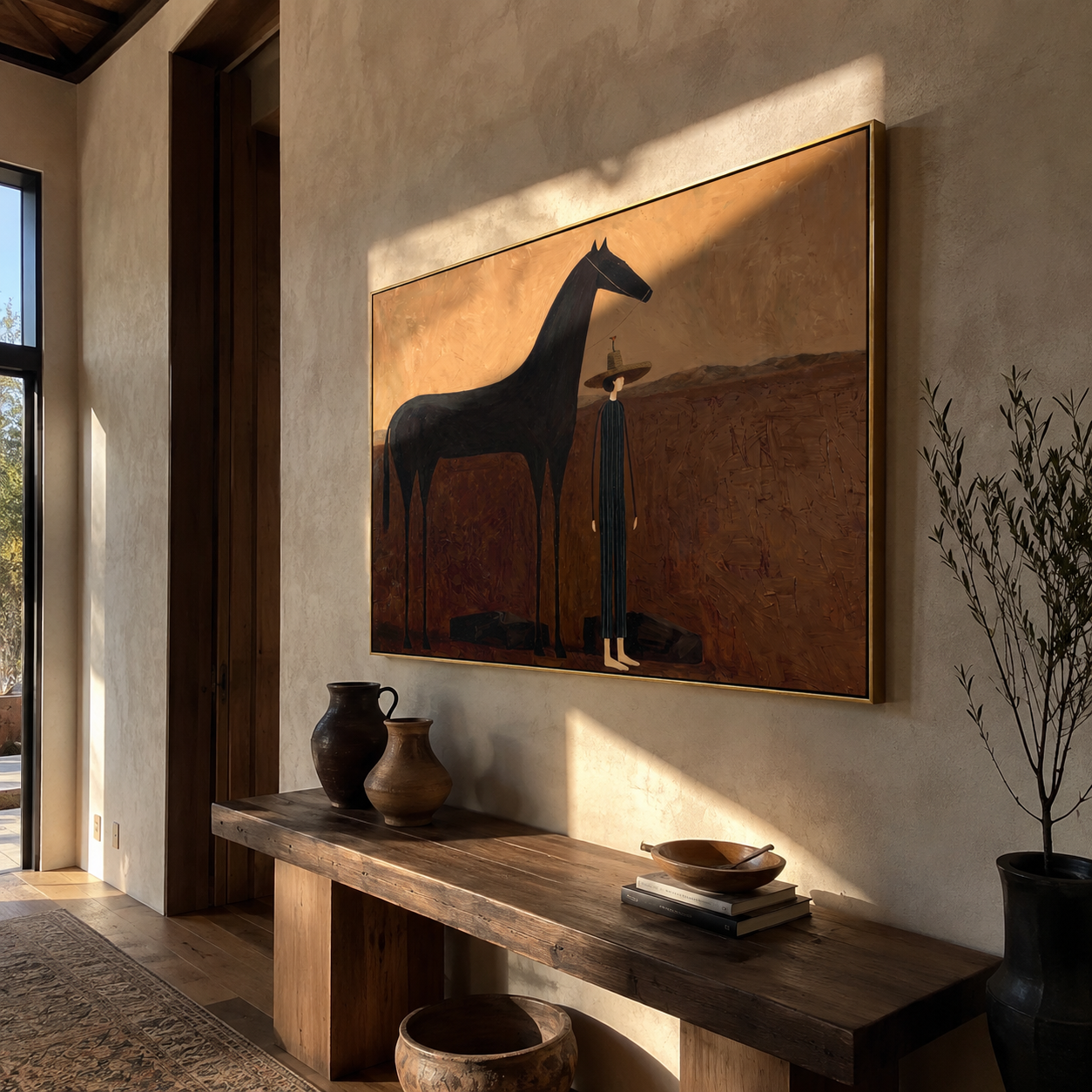Woman Waits beside Midnight styled with wood, linen, and modern decor