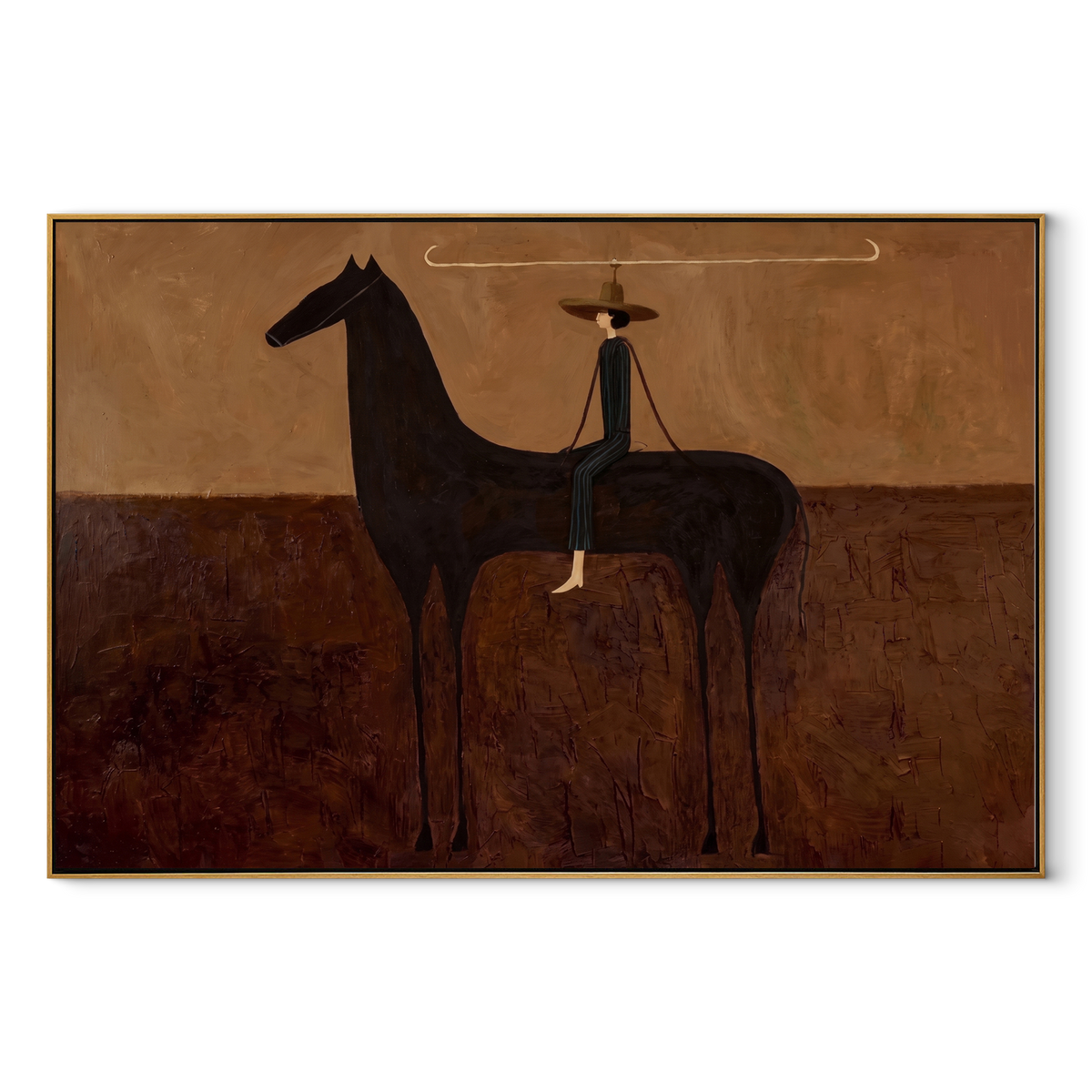Long Reins Join Companions equestrian horse painting, horizontal canvas artwork
