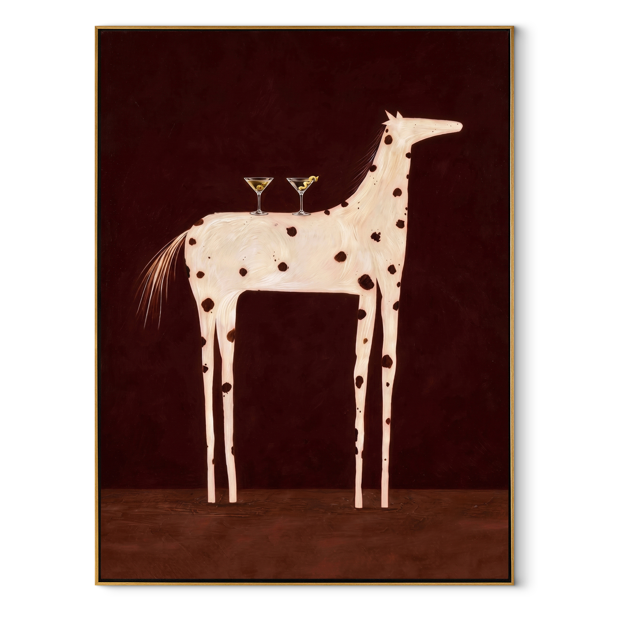 Three Glasses Crown Ivory equestrian horse painting, vertical canvas artwork