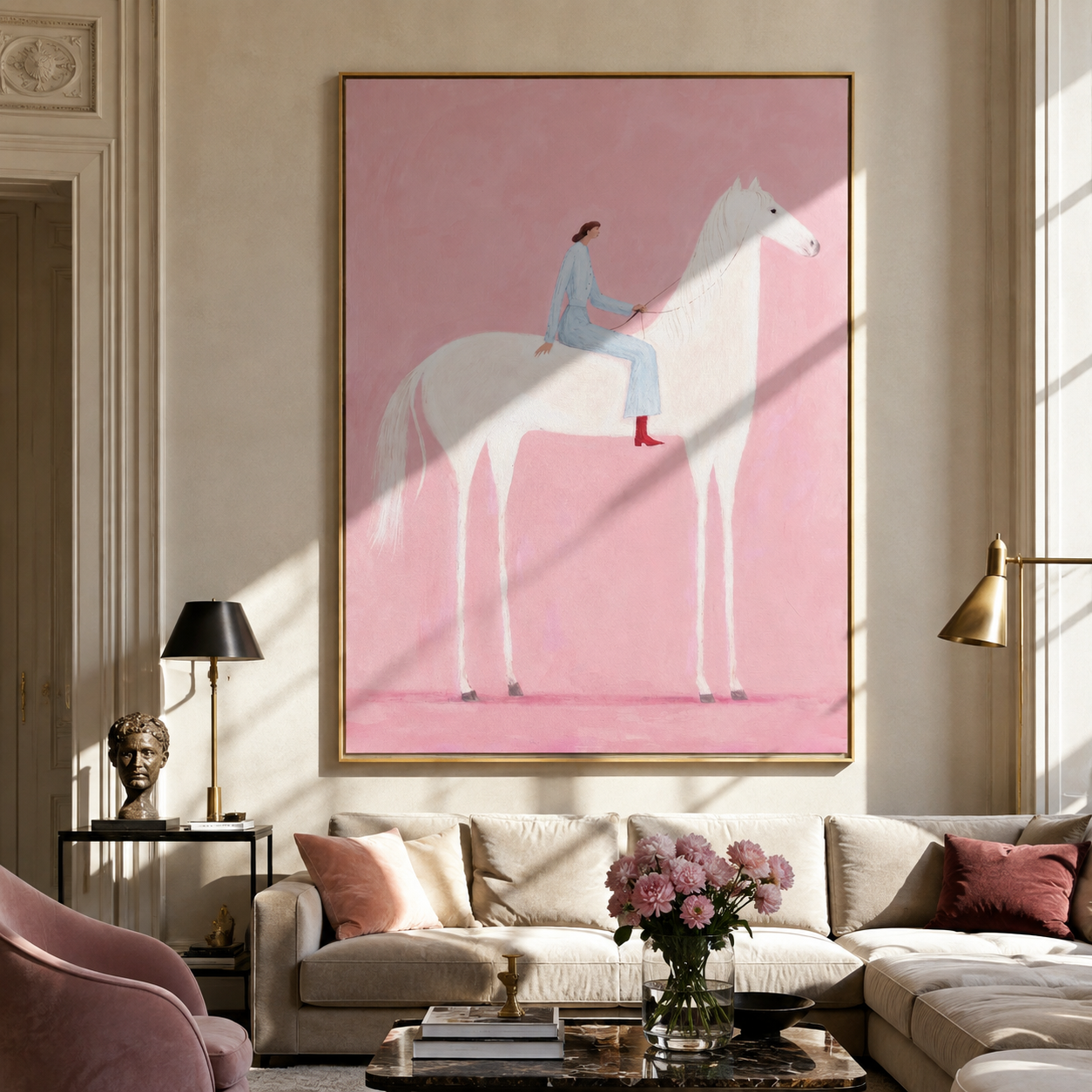 Blue Rider Crosses Blush styled with warm modern furnishings