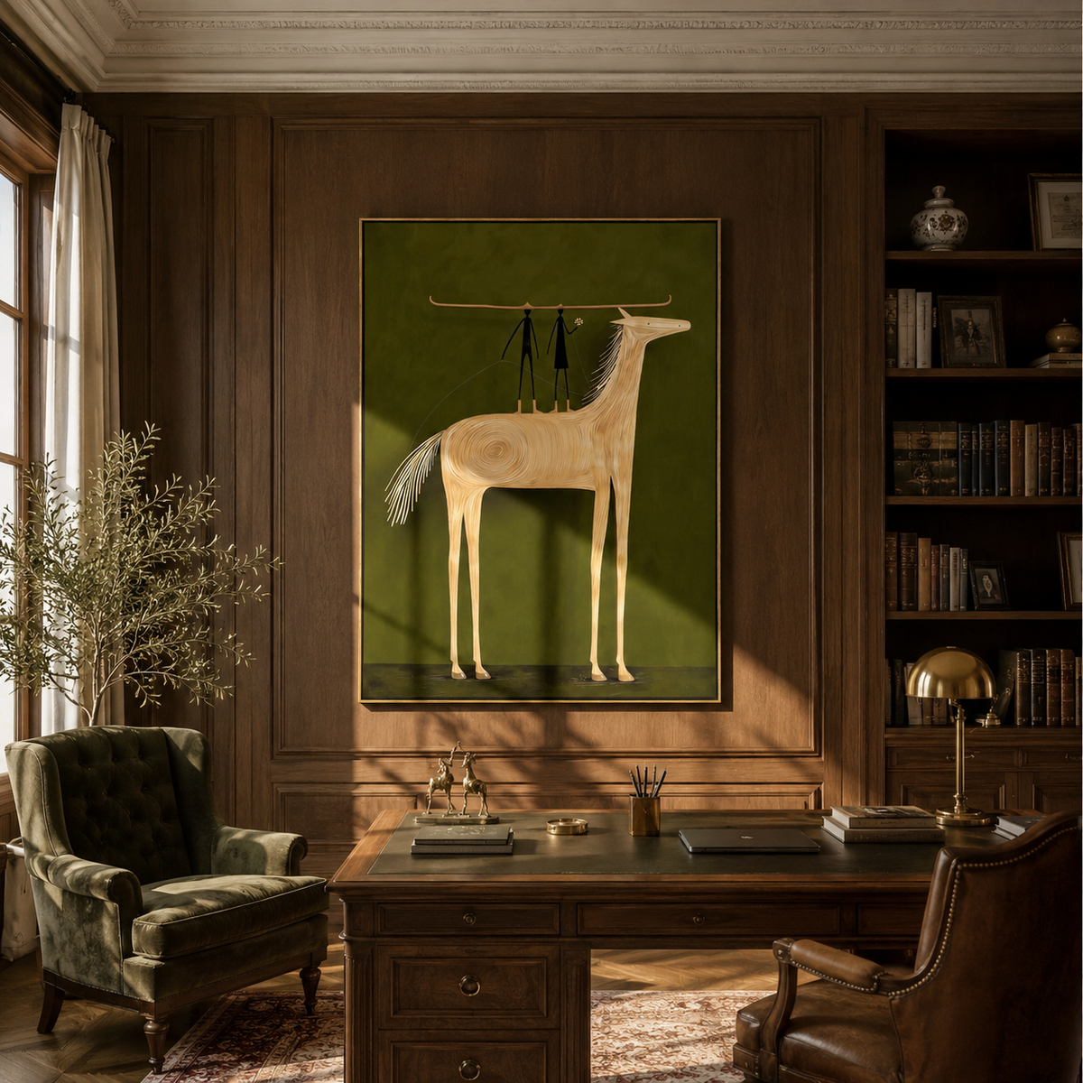 Two Figures Stand Horseback presented as a colorful interior focal point