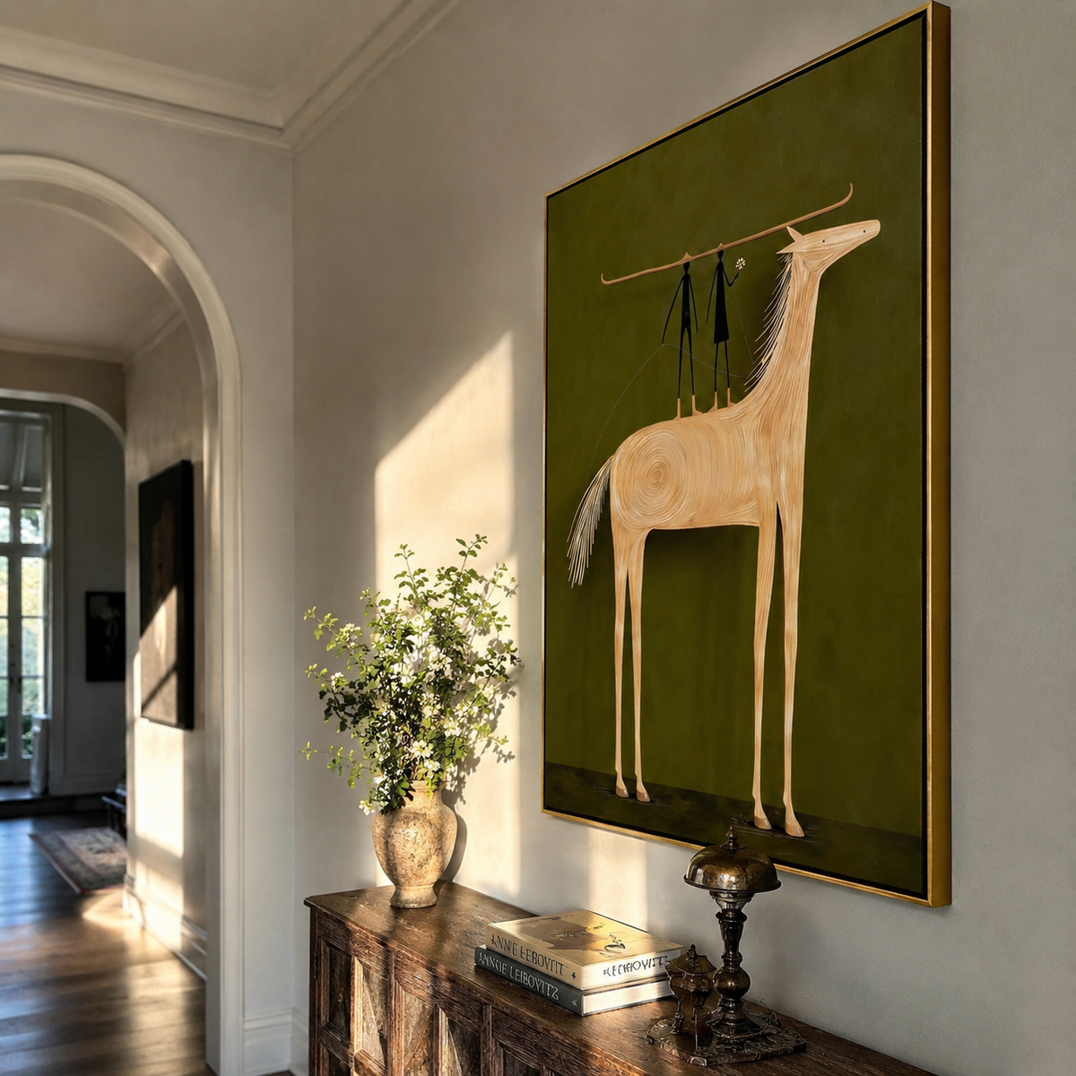 Two Figures Stand Horseback displayed in a layered residential setting