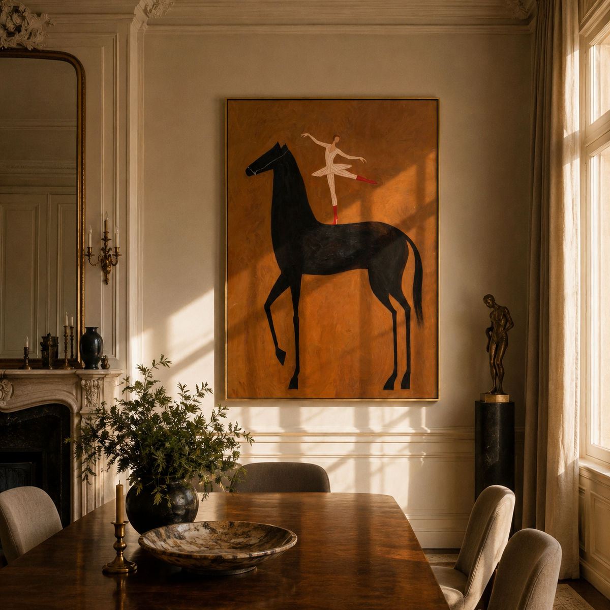 White Acrobat Reaches Midnight displayed in a collected contemporary interior