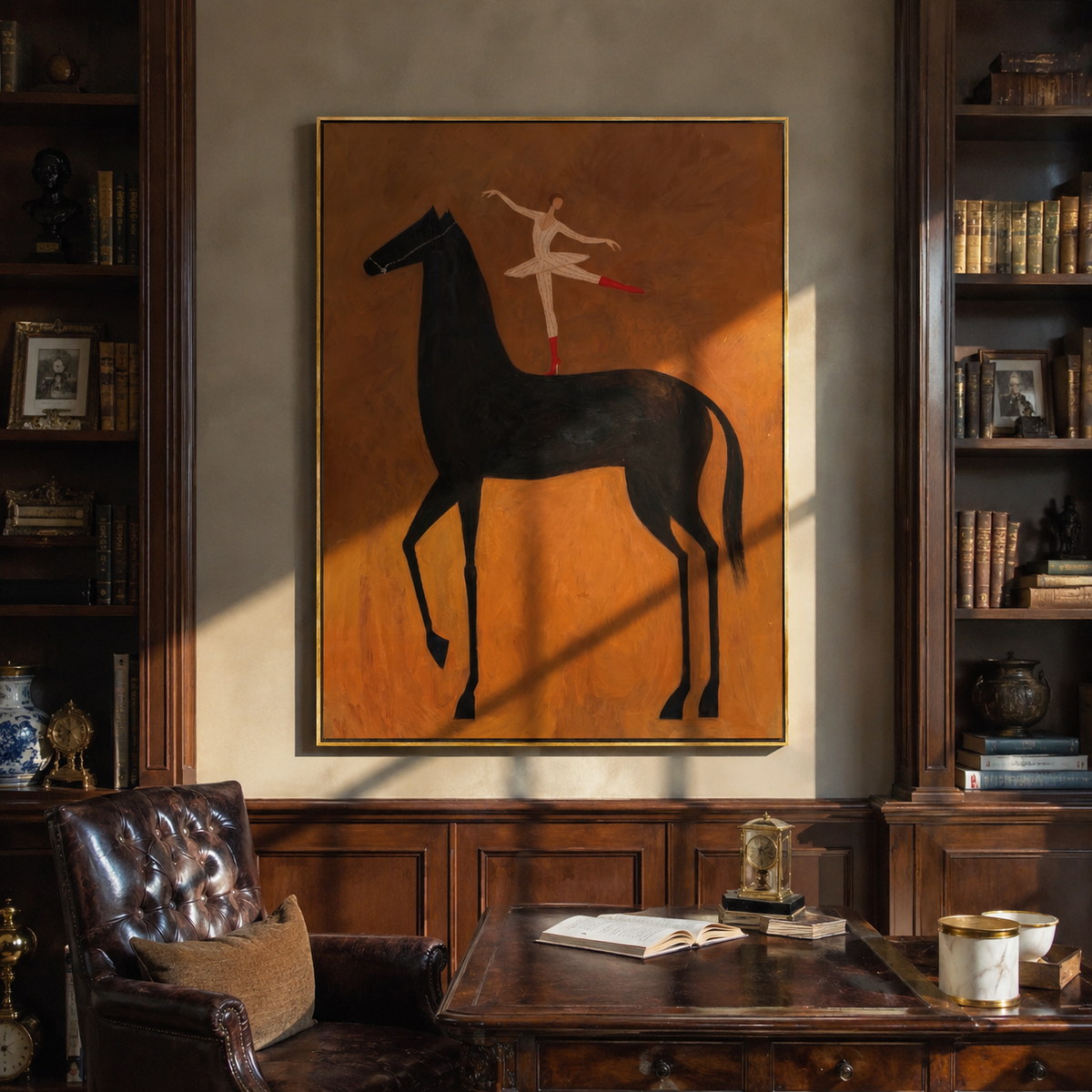 White Acrobat Reaches Midnight styled with warm modern furnishings