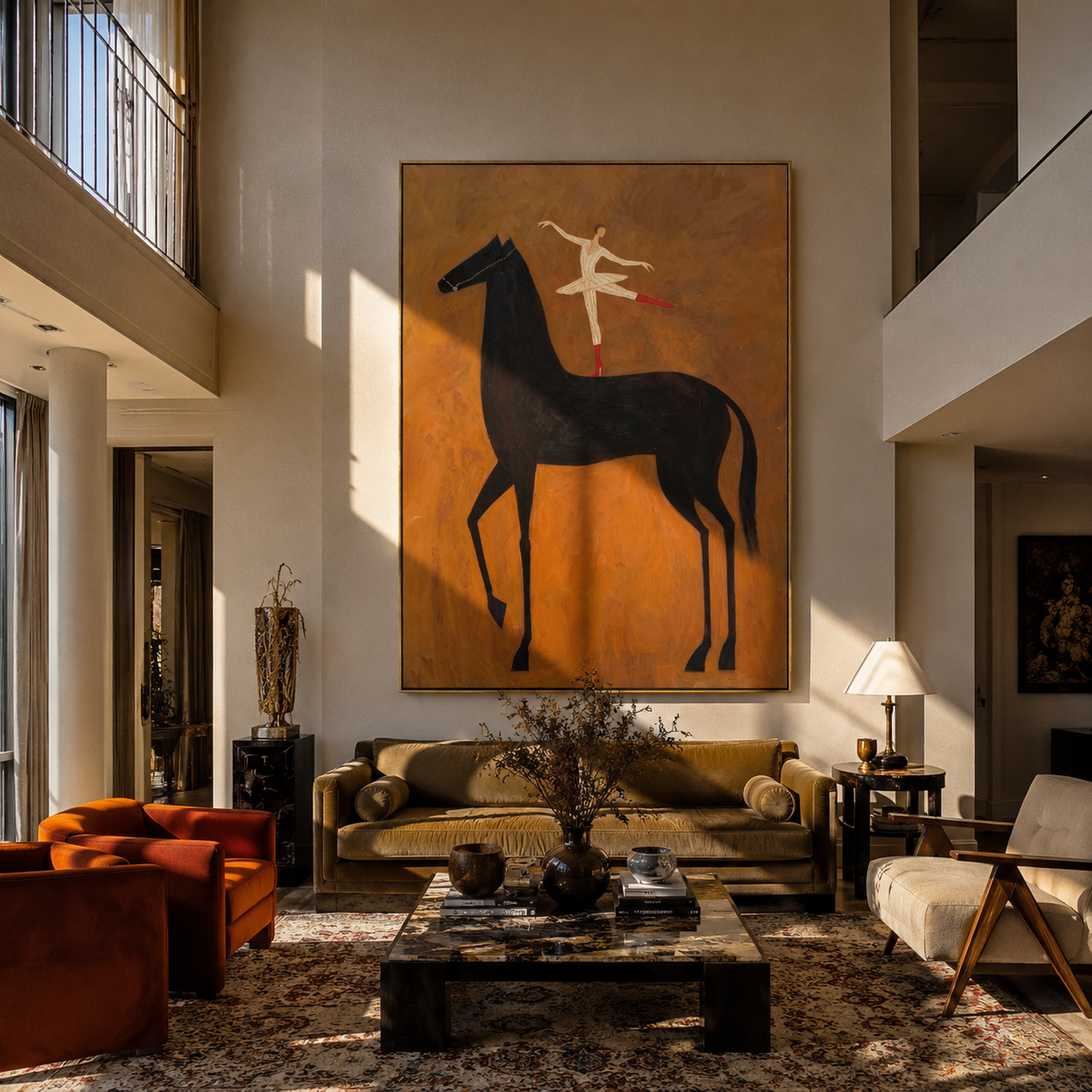 White Acrobat Reaches Midnight displayed in a layered residential setting