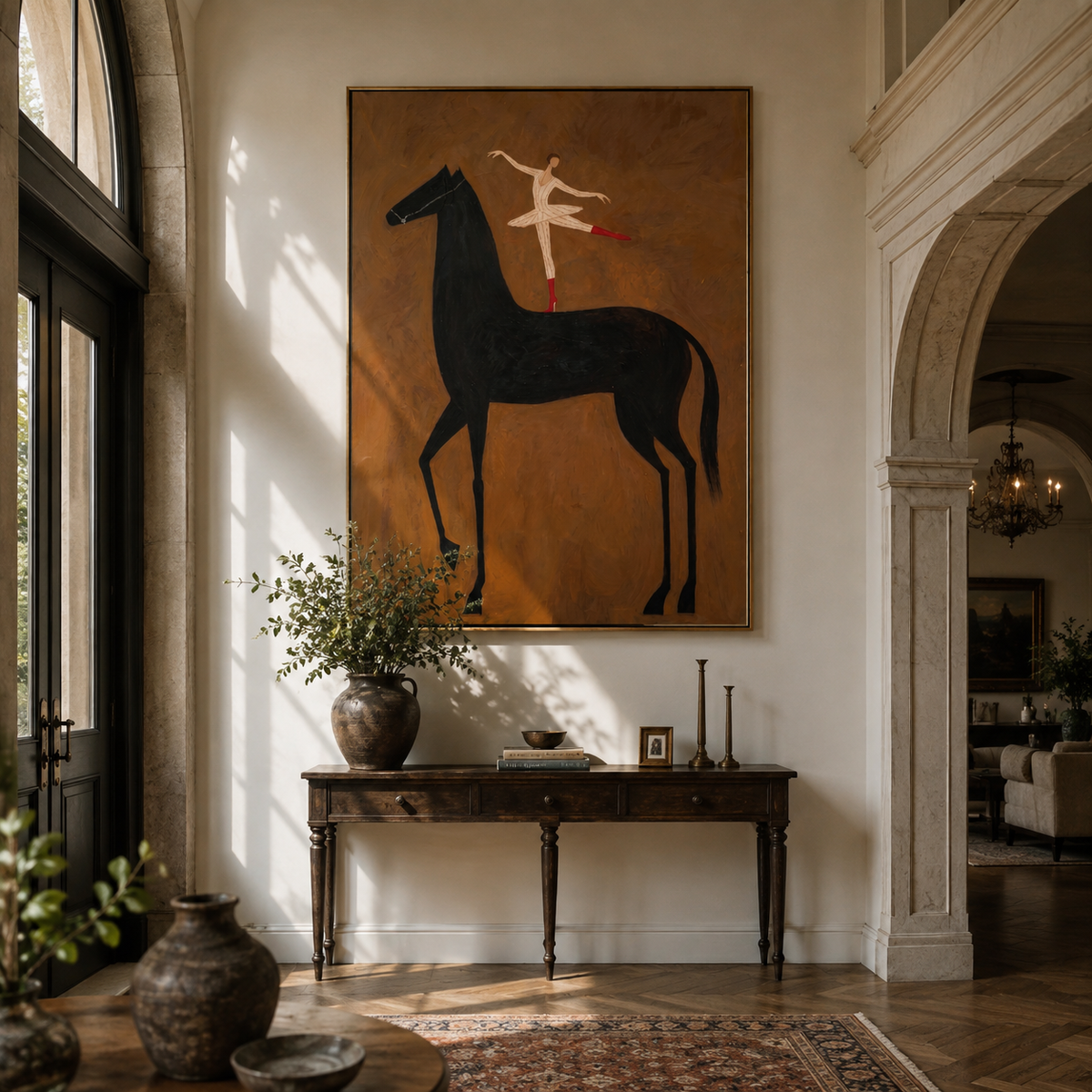 White Acrobat Reaches Midnight styled with wood, linen, and modern decor
