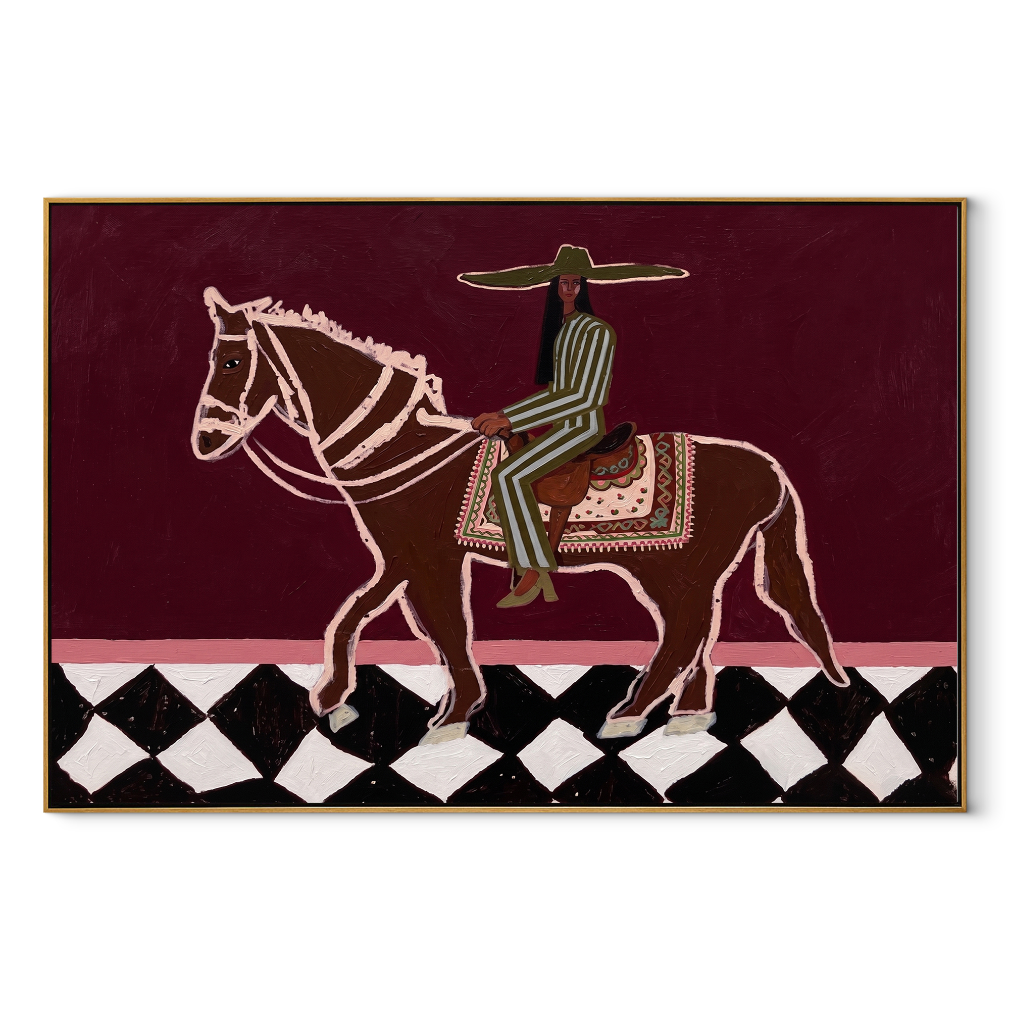 Green Stripes Cross Checks equestrian horse painting, horizontal canvas artwork