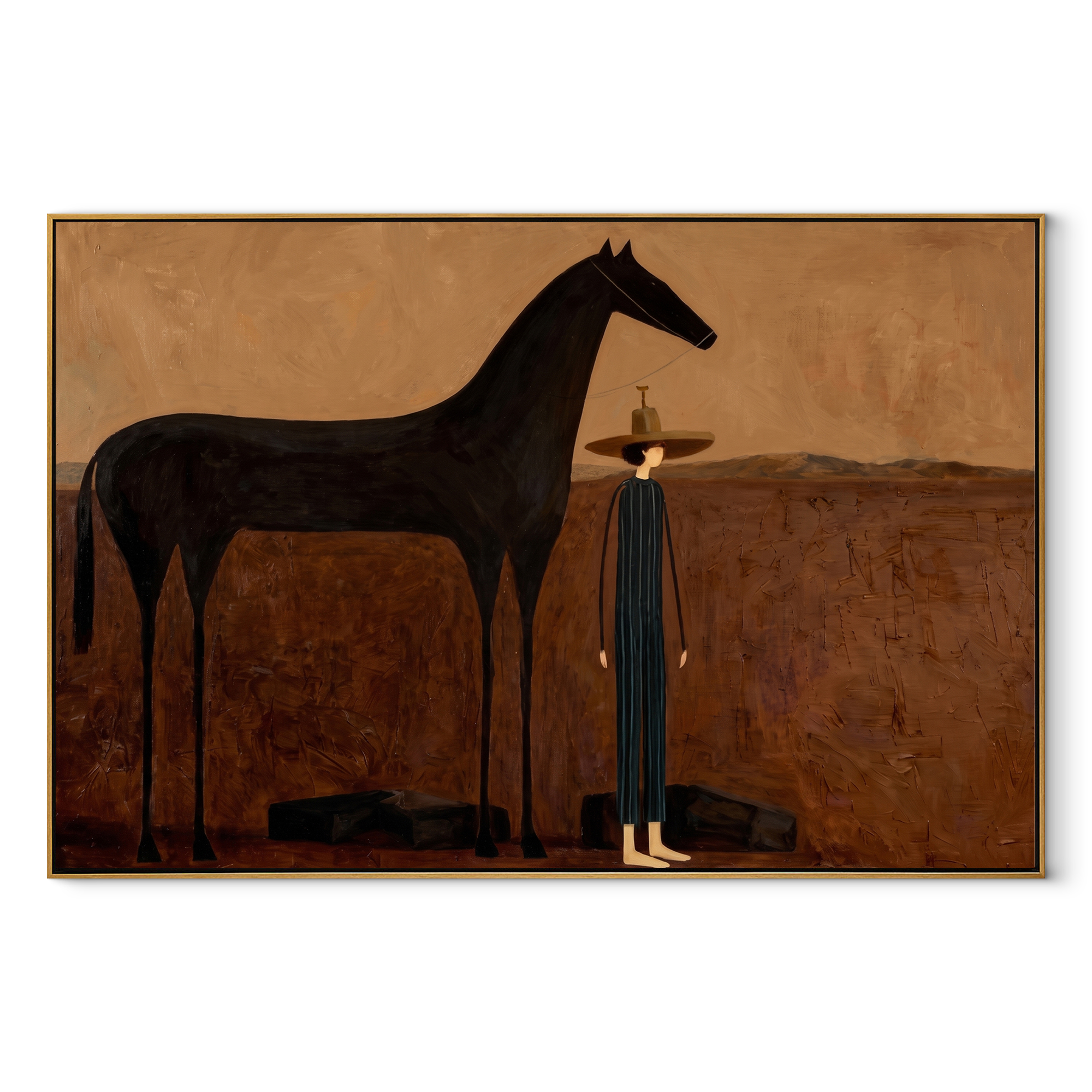 Woman Returns beside Midnight equestrian horse painting, horizontal canvas artwork