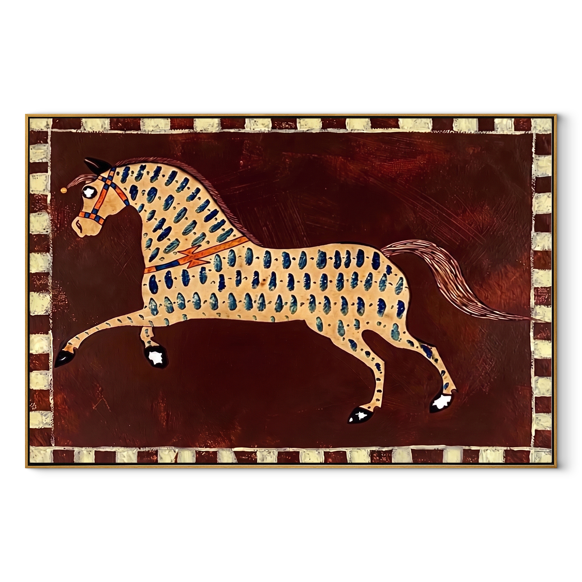 Blue Teardrops Chase Horse equestrian horse painting, horizontal canvas artwork