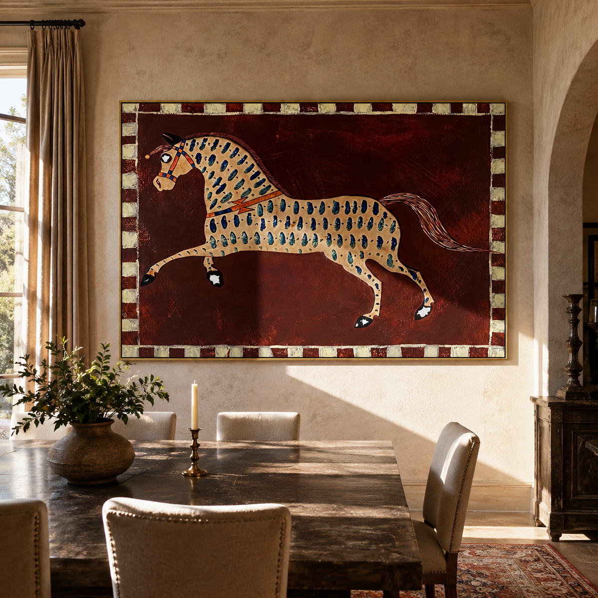 Blue Teardrops Chase Horse styled with warm modern furnishings