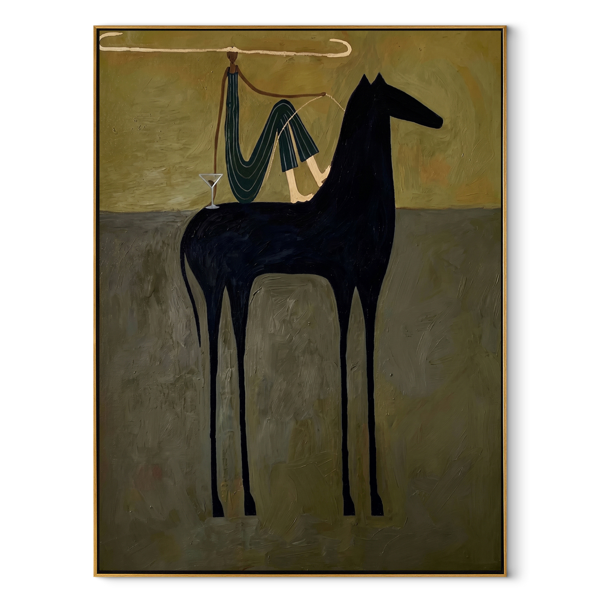 Blue Drapery Rests High equestrian horse painting, vertical canvas artwork