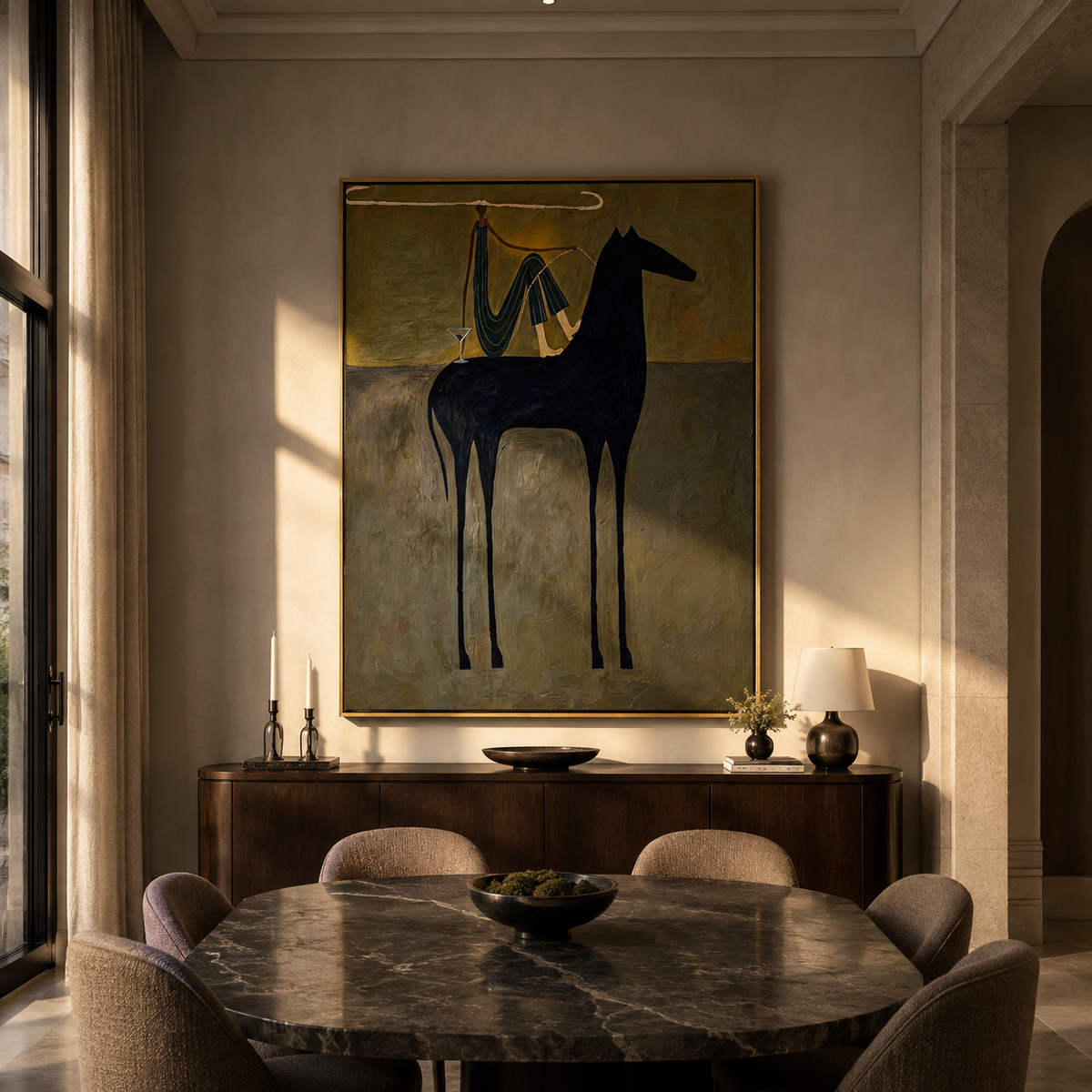 Blue Drapery Rests High styled with warm modern furnishings