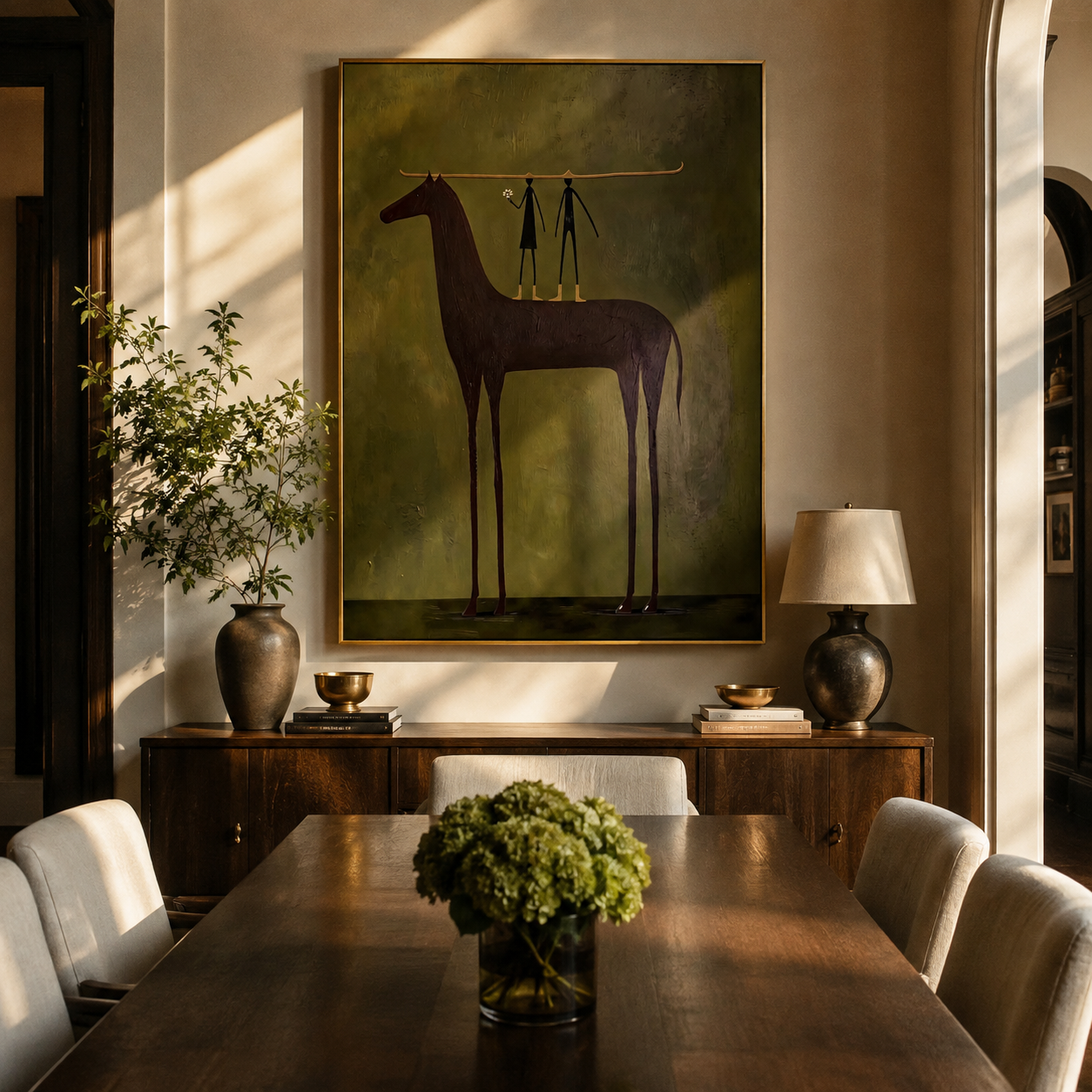 Two Figures Hold Violet styled with warm modern furnishings
