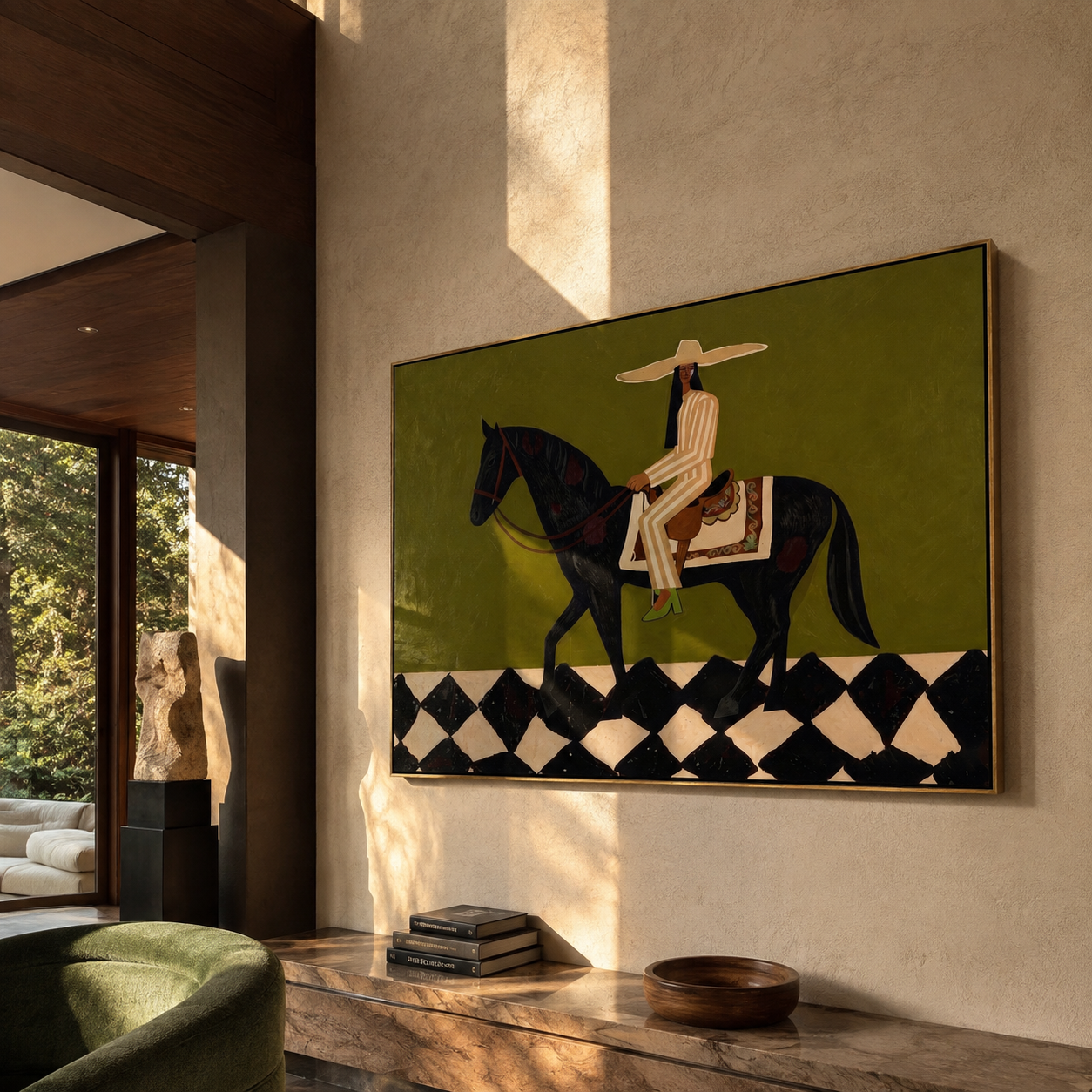 Ivory Tailoring Crosses Diamonds styled with wood, linen, and modern decor