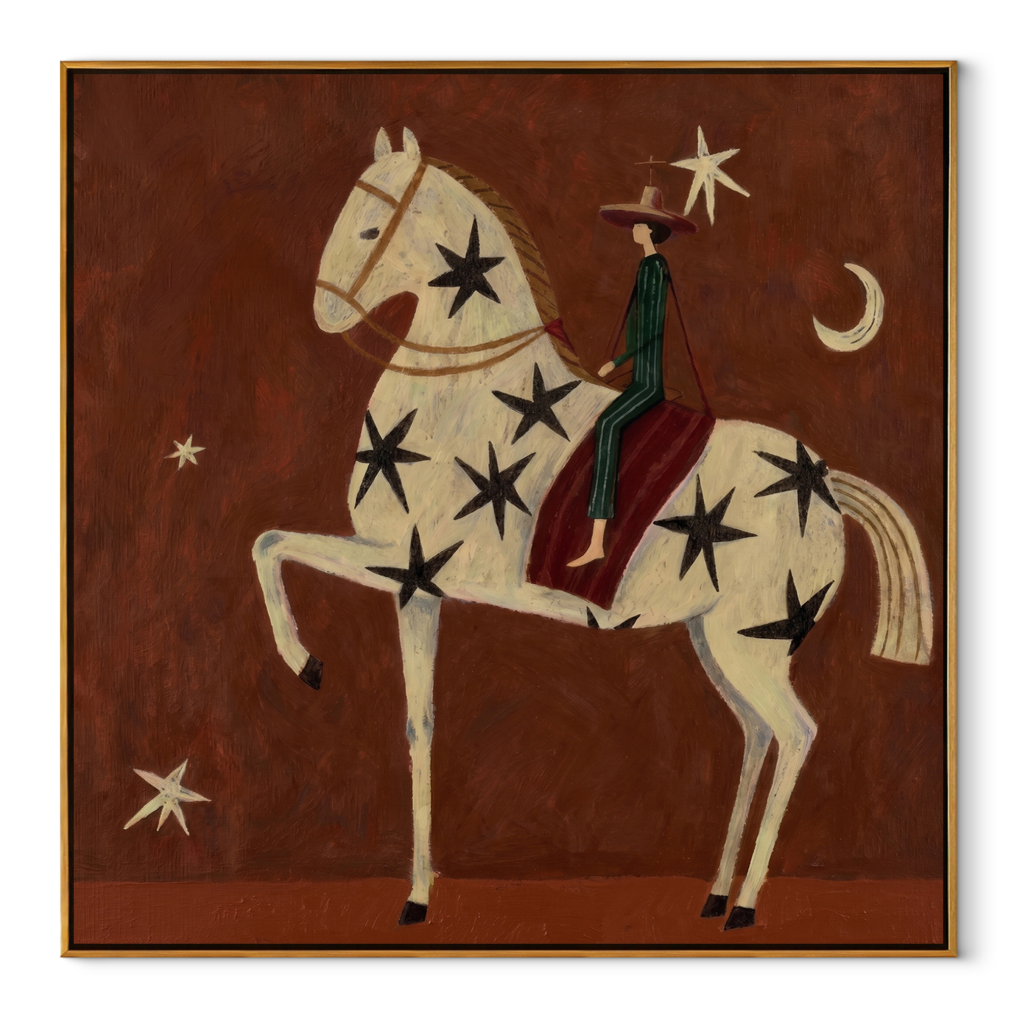 Black Stars Travel Ivory equestrian horse painting, square canvas artwork