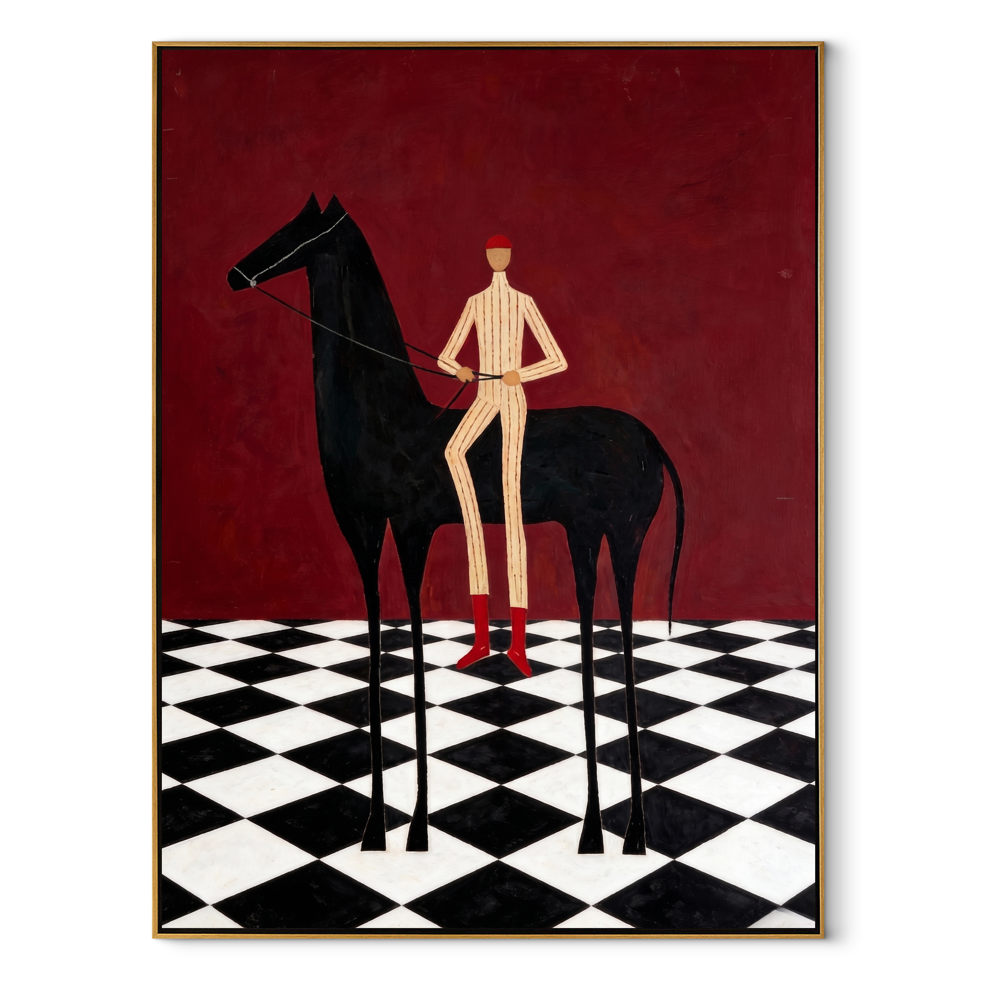 Red Boots Cross Checks equestrian horse painting, vertical canvas artwork