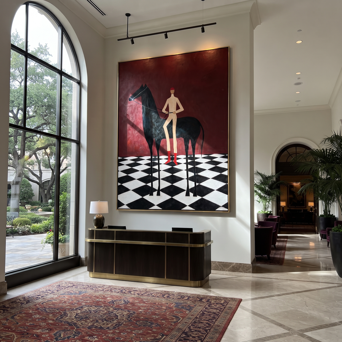 Red Boots Cross Checks styled with warm modern furnishings
