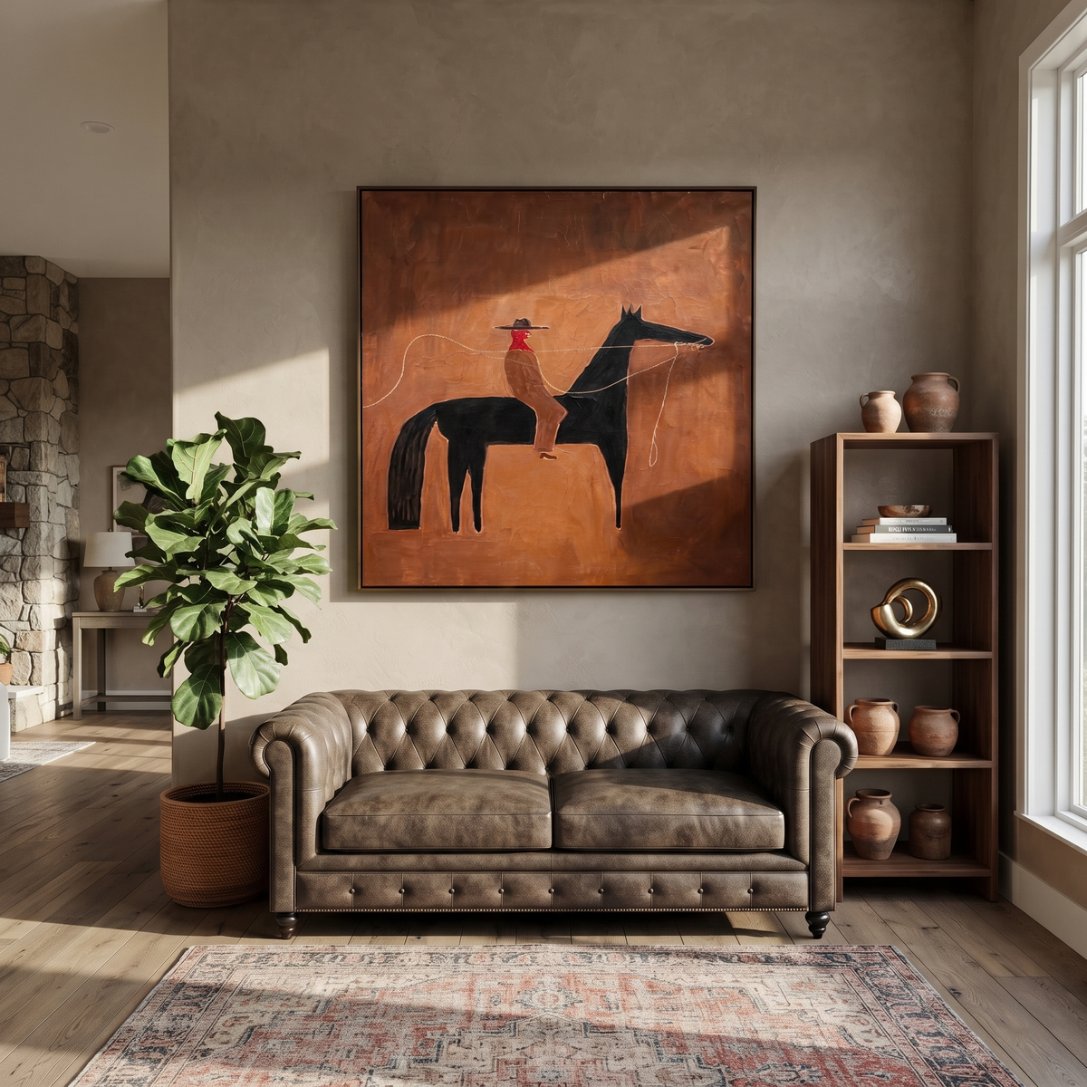 Rope Curves Through Umber displayed in a collected contemporary interior