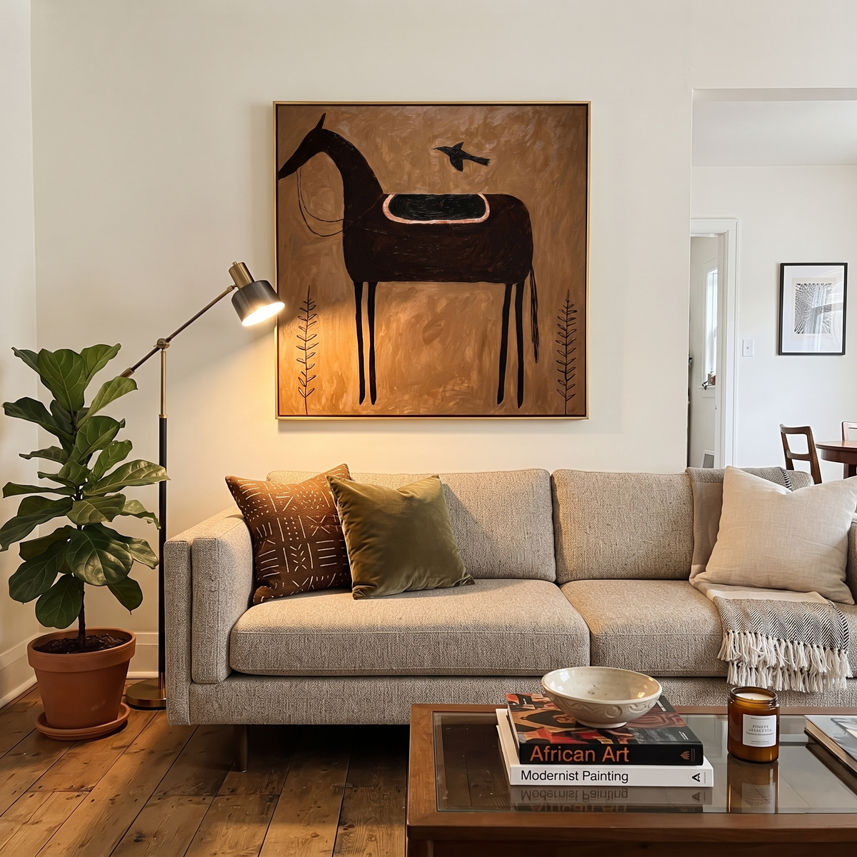 Crow Rests Above Saddle displayed in a collected contemporary interior