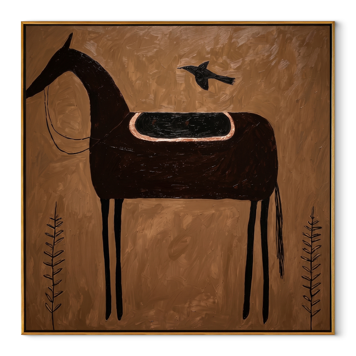 Crow Rests Above Saddle equestrian horse painting, square canvas artwork