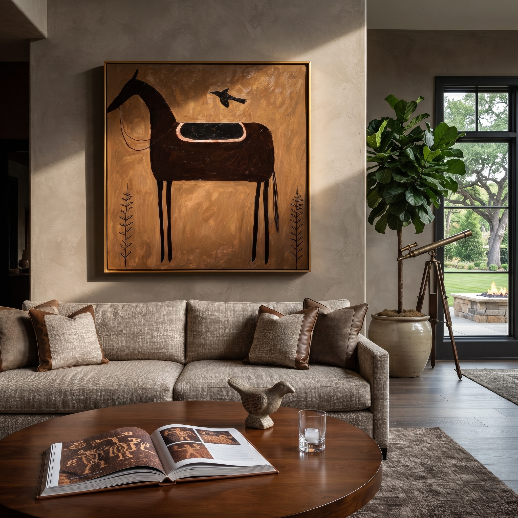 Crow Rests Above Saddle styled with wood, linen, and modern decor