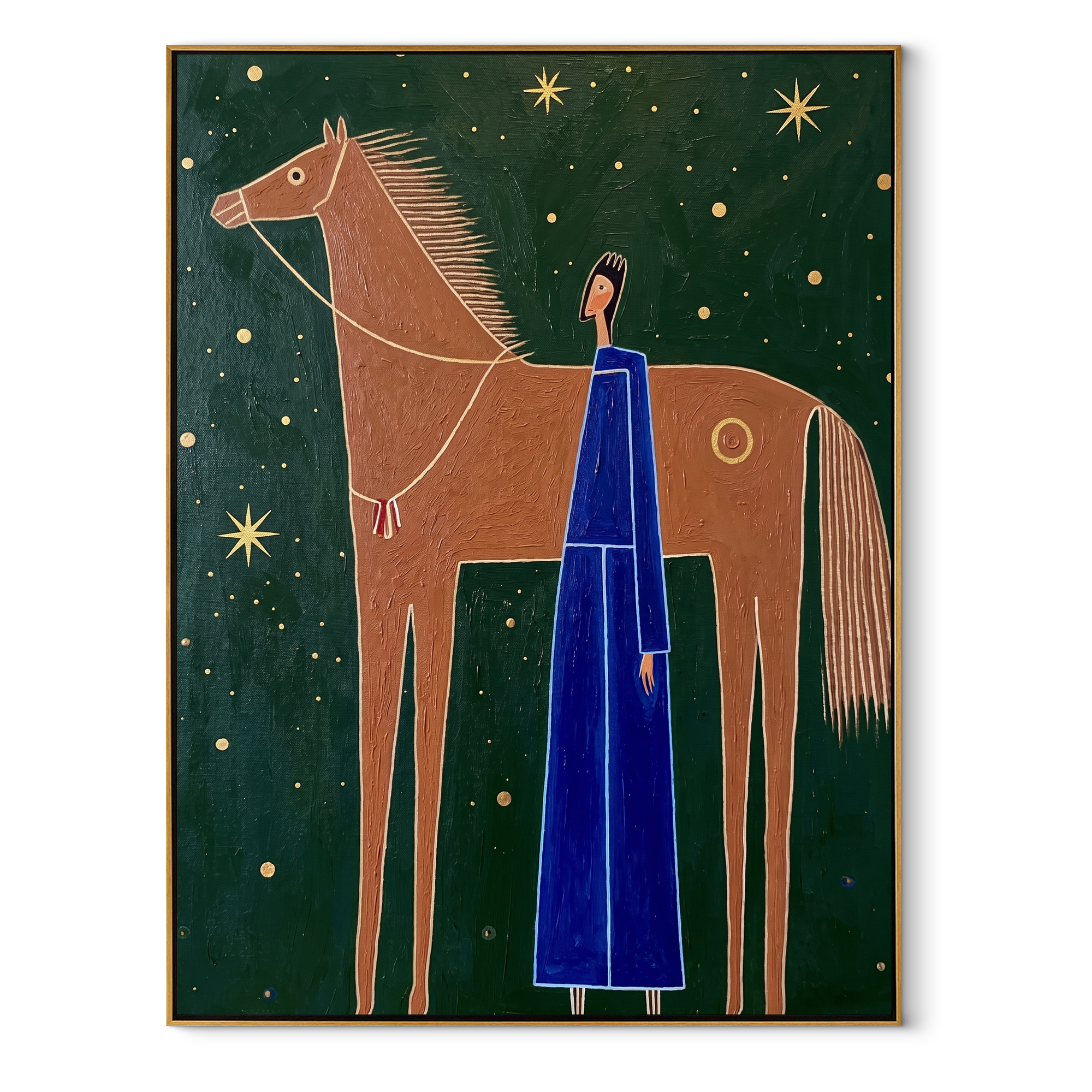 Blue Figure Greets Stars equestrian horse painting, vertical canvas artwork