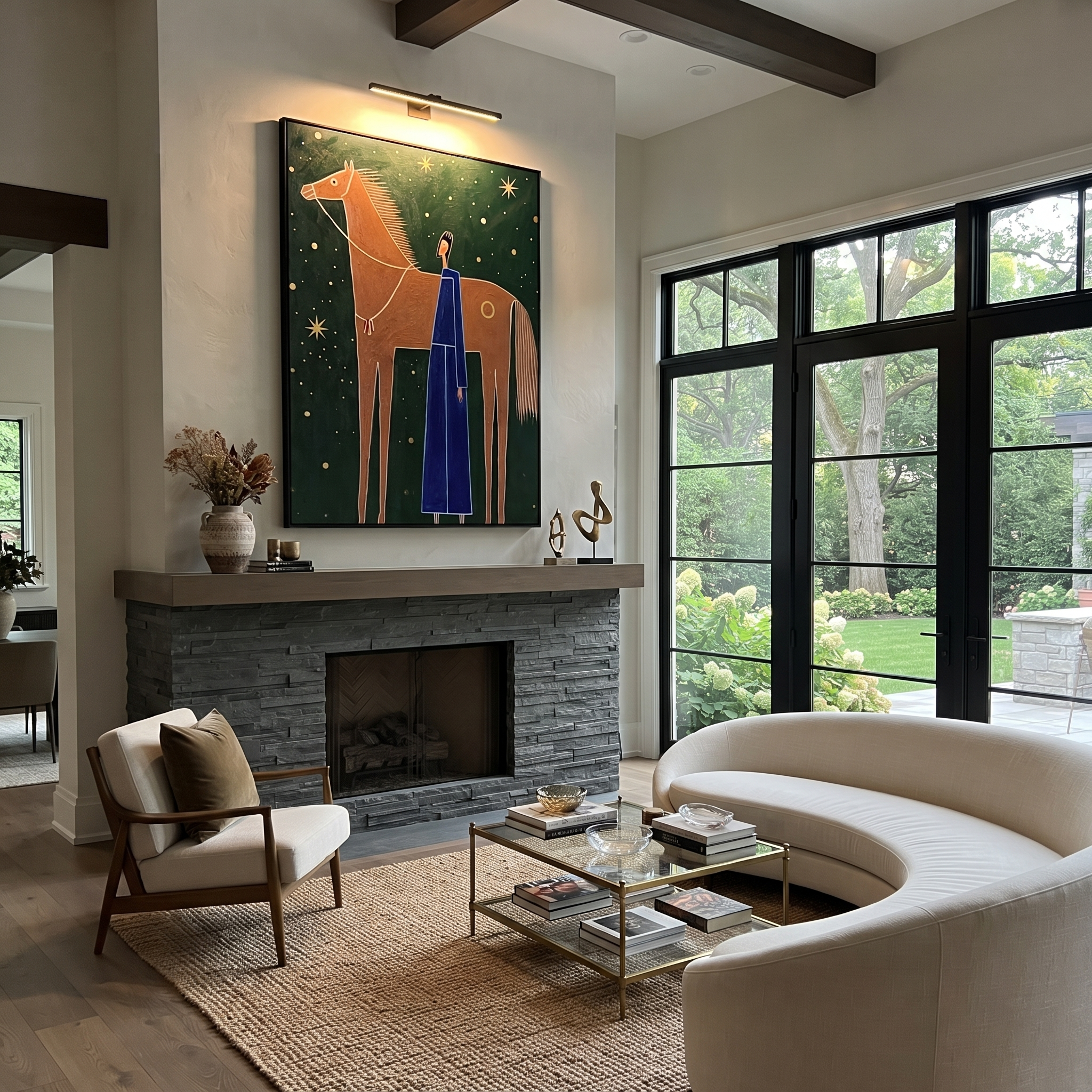 Blue Figure Greets Stars styled with warm modern furnishings