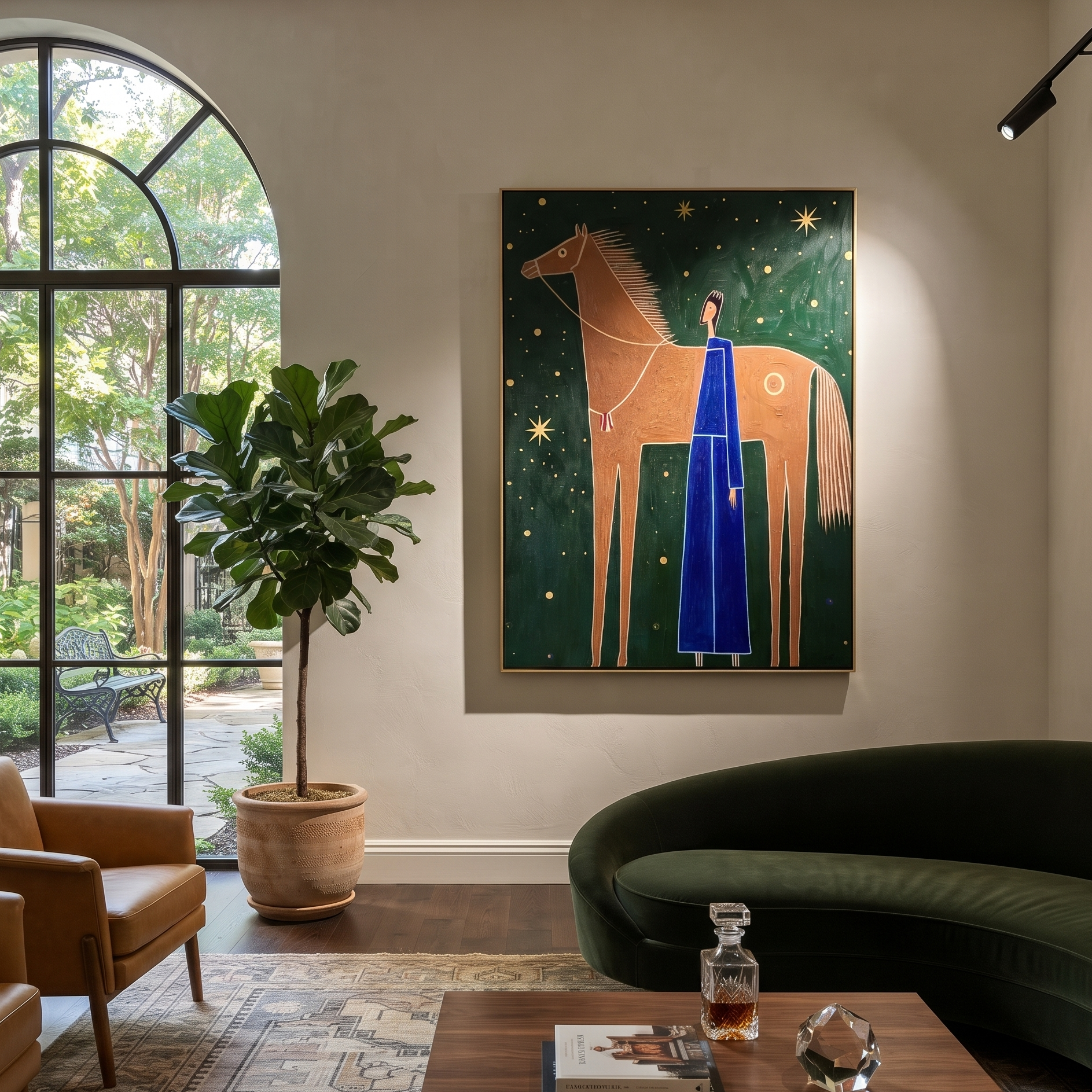 Blue Figure Greets Stars presented as a colorful interior focal point
