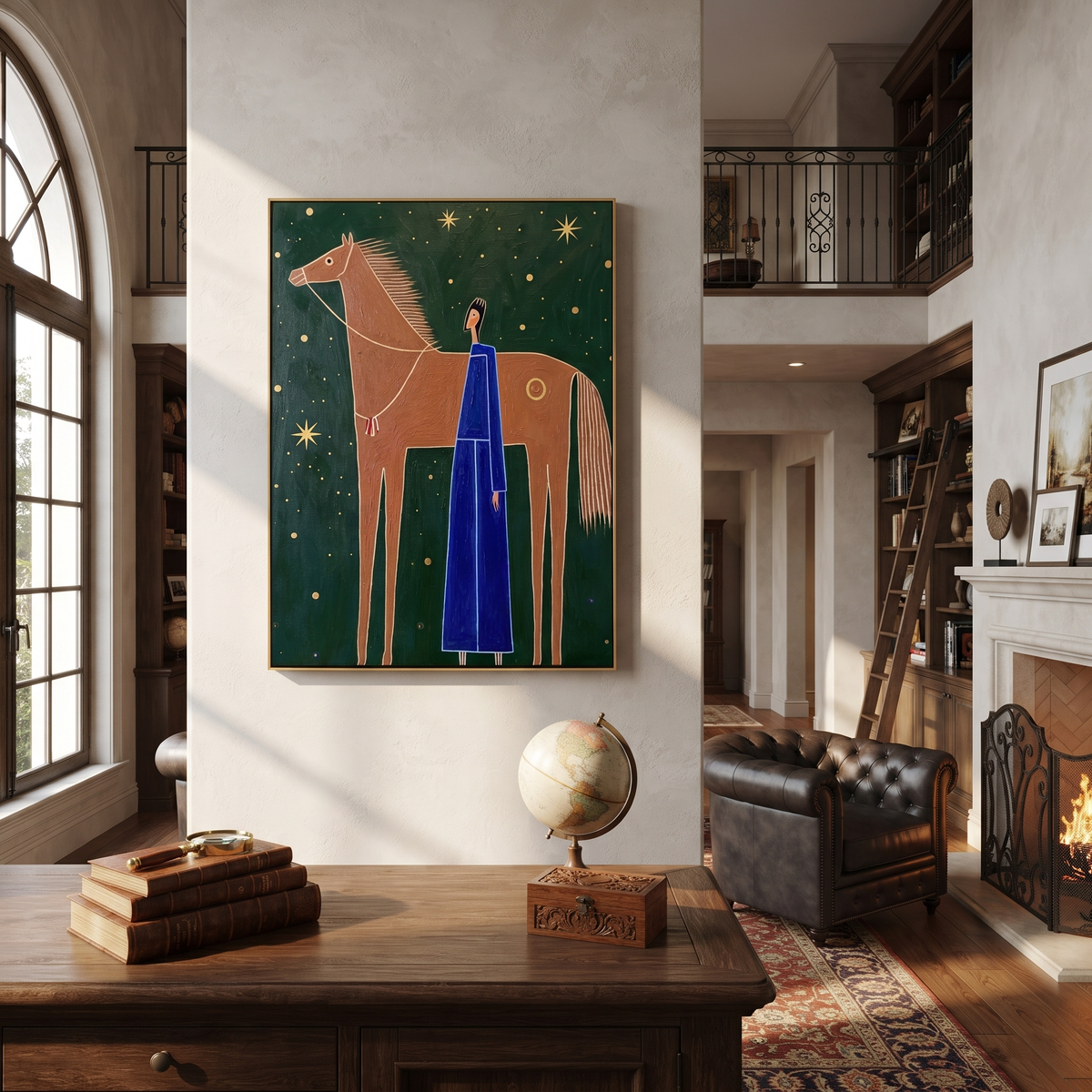 Blue Figure Greets Stars displayed in a layered residential setting
