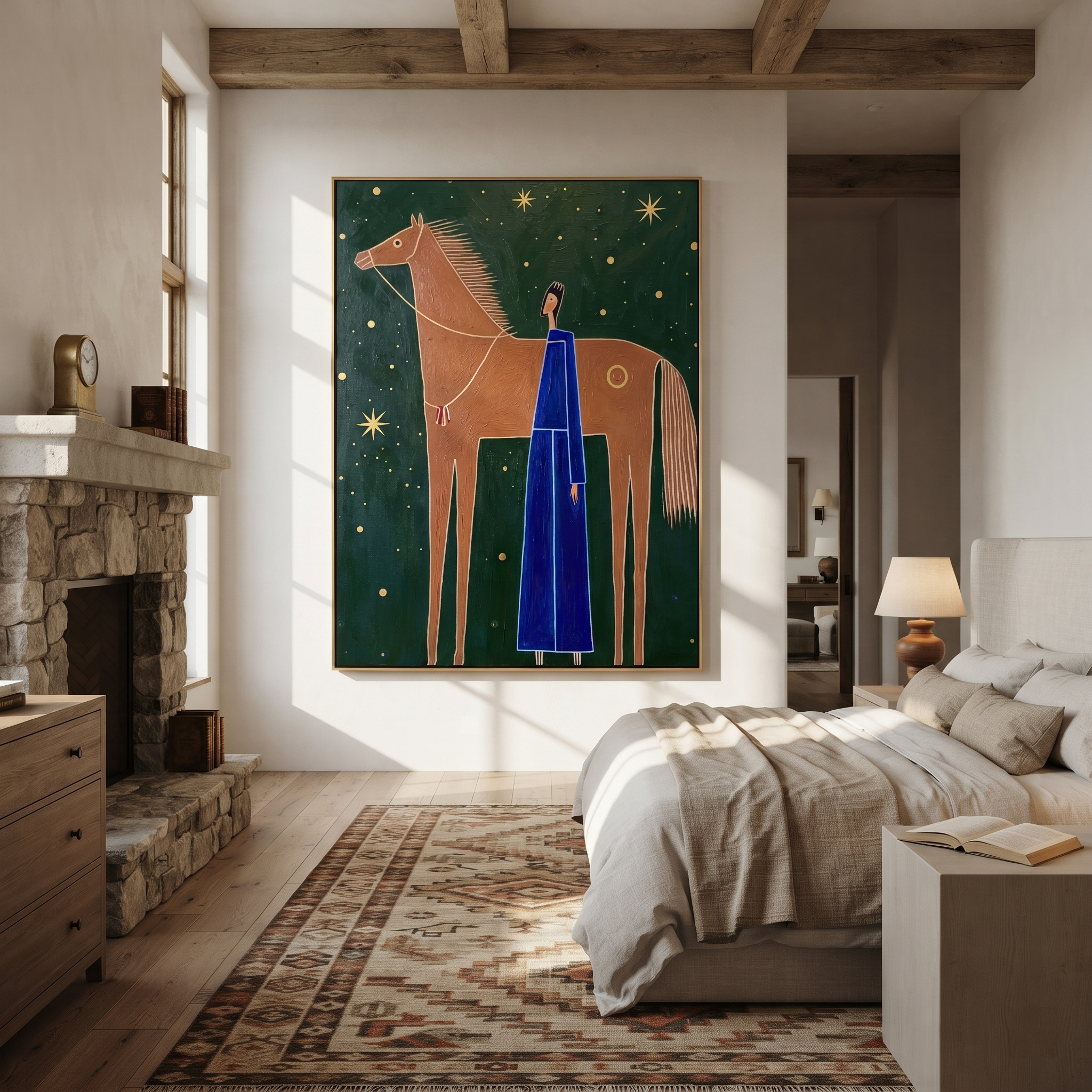 Blue Figure Greets Stars styled with wood, linen, and modern decor