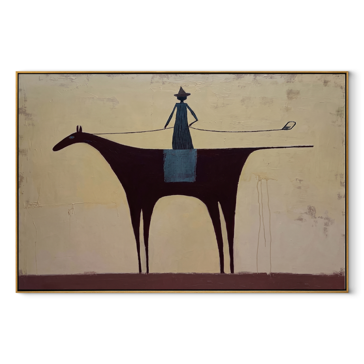 Long Rein Crosses Ivory equestrian horse painting, horizontal canvas artwork