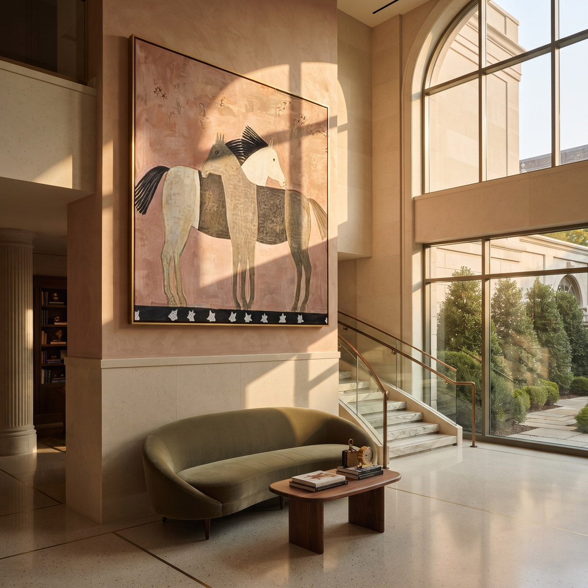 Three Horses Share Pink displayed in a collected contemporary interior