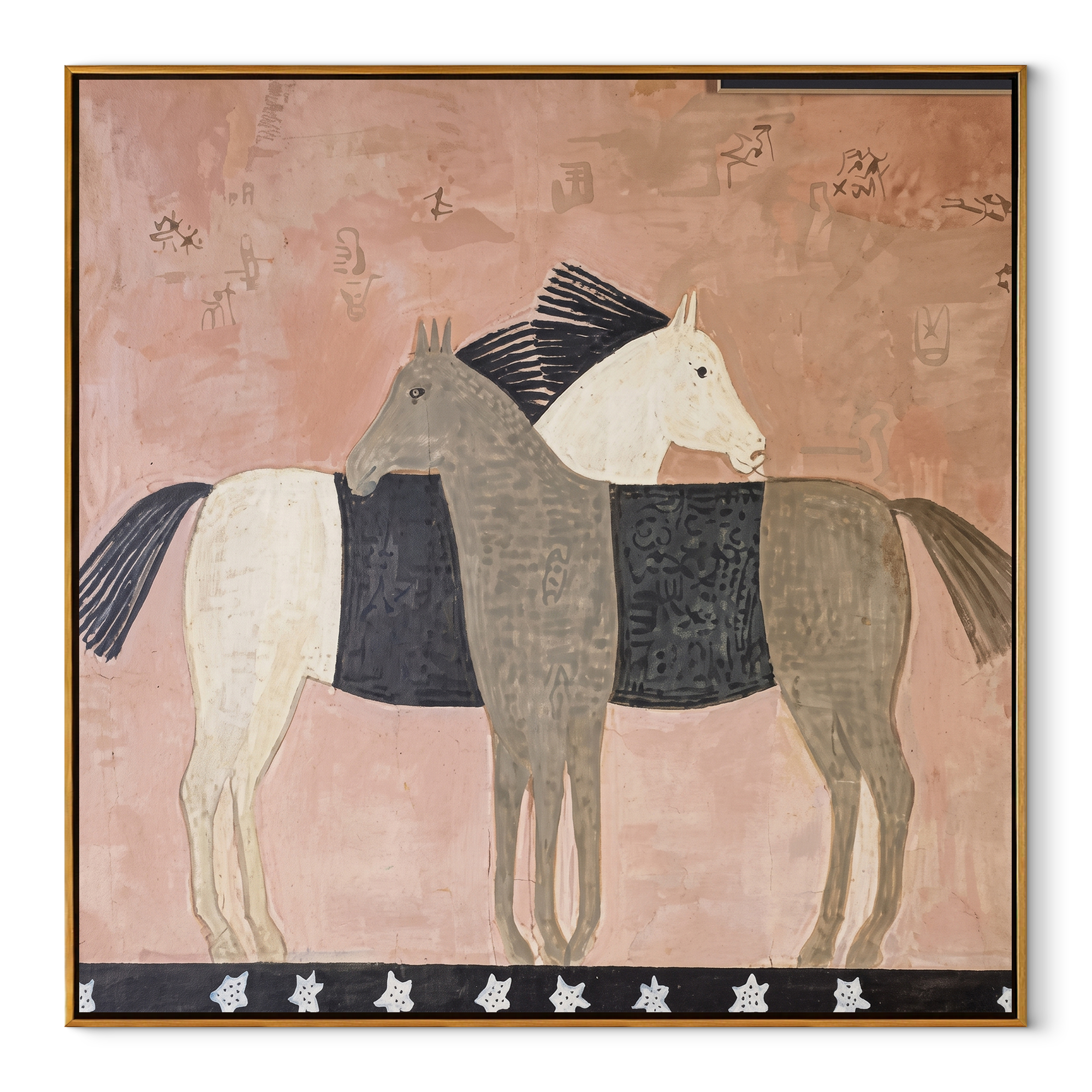 Three Horses Share Pink equestrian horse painting, square canvas artwork