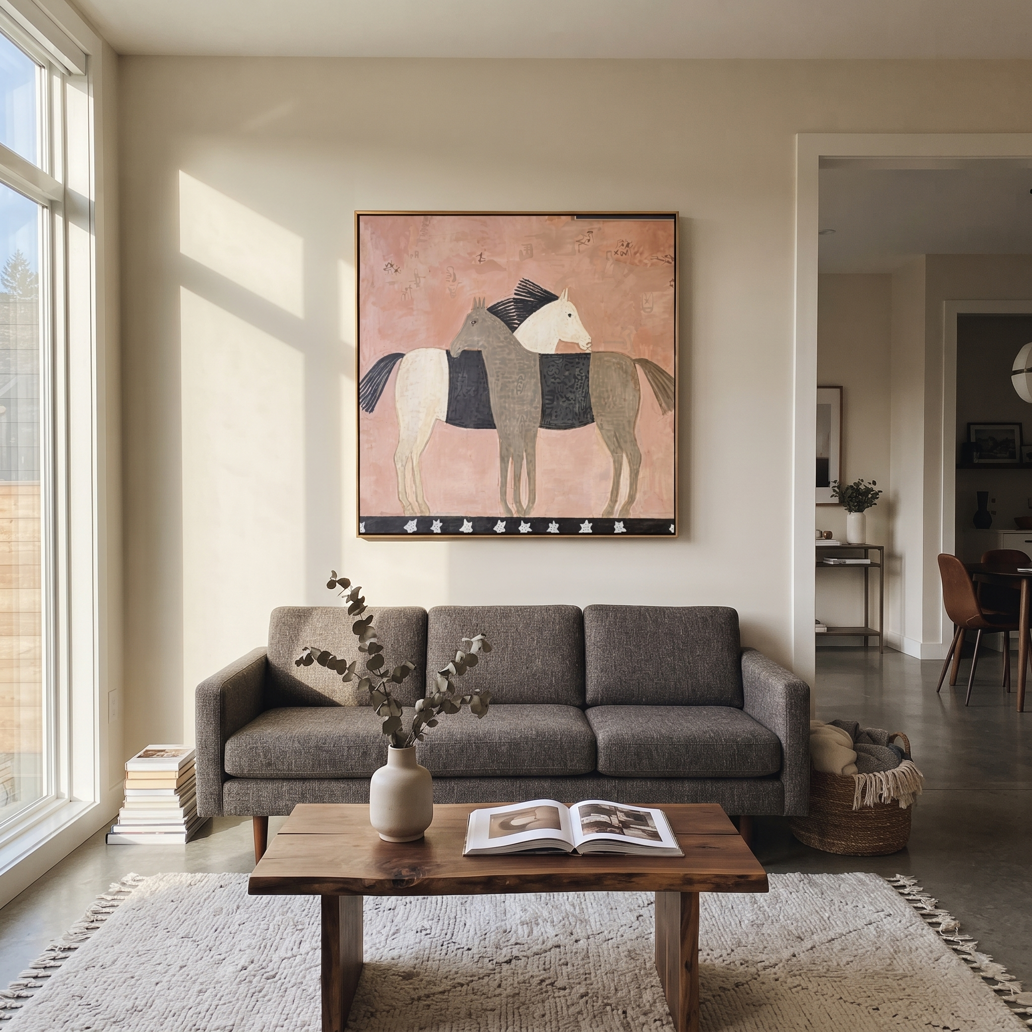 Three Horses Share Pink displayed in a layered residential setting