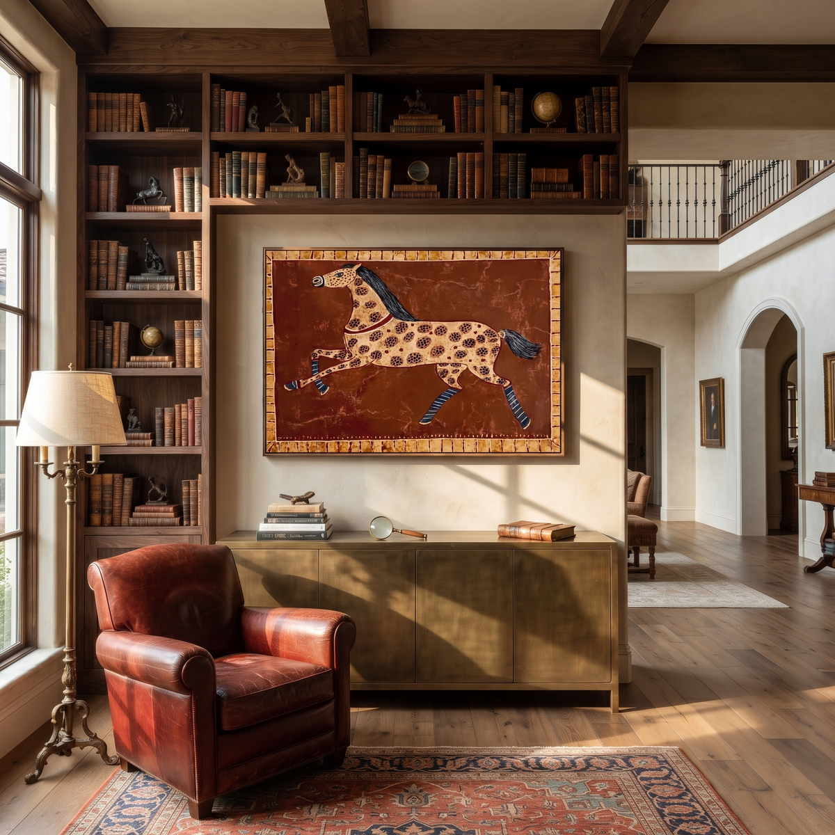 Spotted Horse Runs Rust displayed in a collected contemporary interior