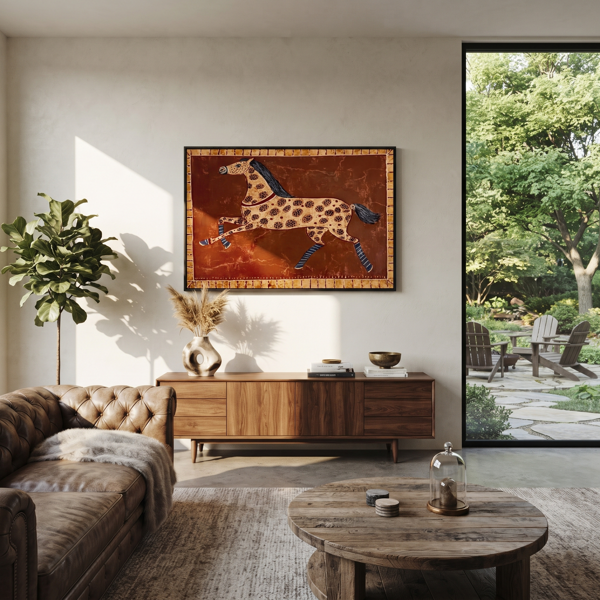 Spotted Horse Runs Rust presented as a colorful interior focal point