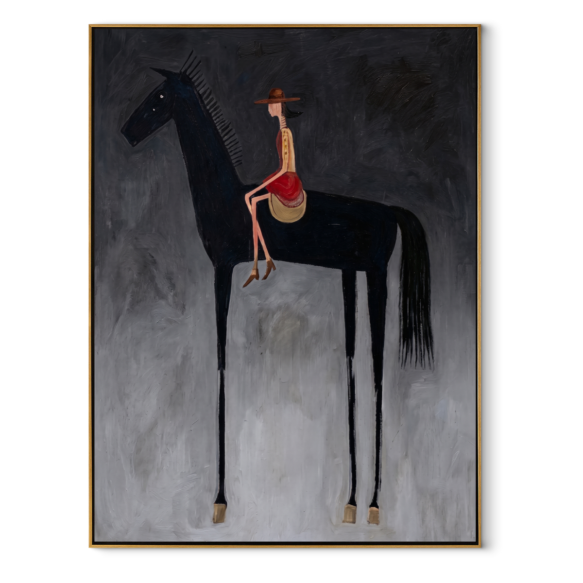 Red Saddle Meets Charcoal equestrian horse painting, vertical canvas artwork