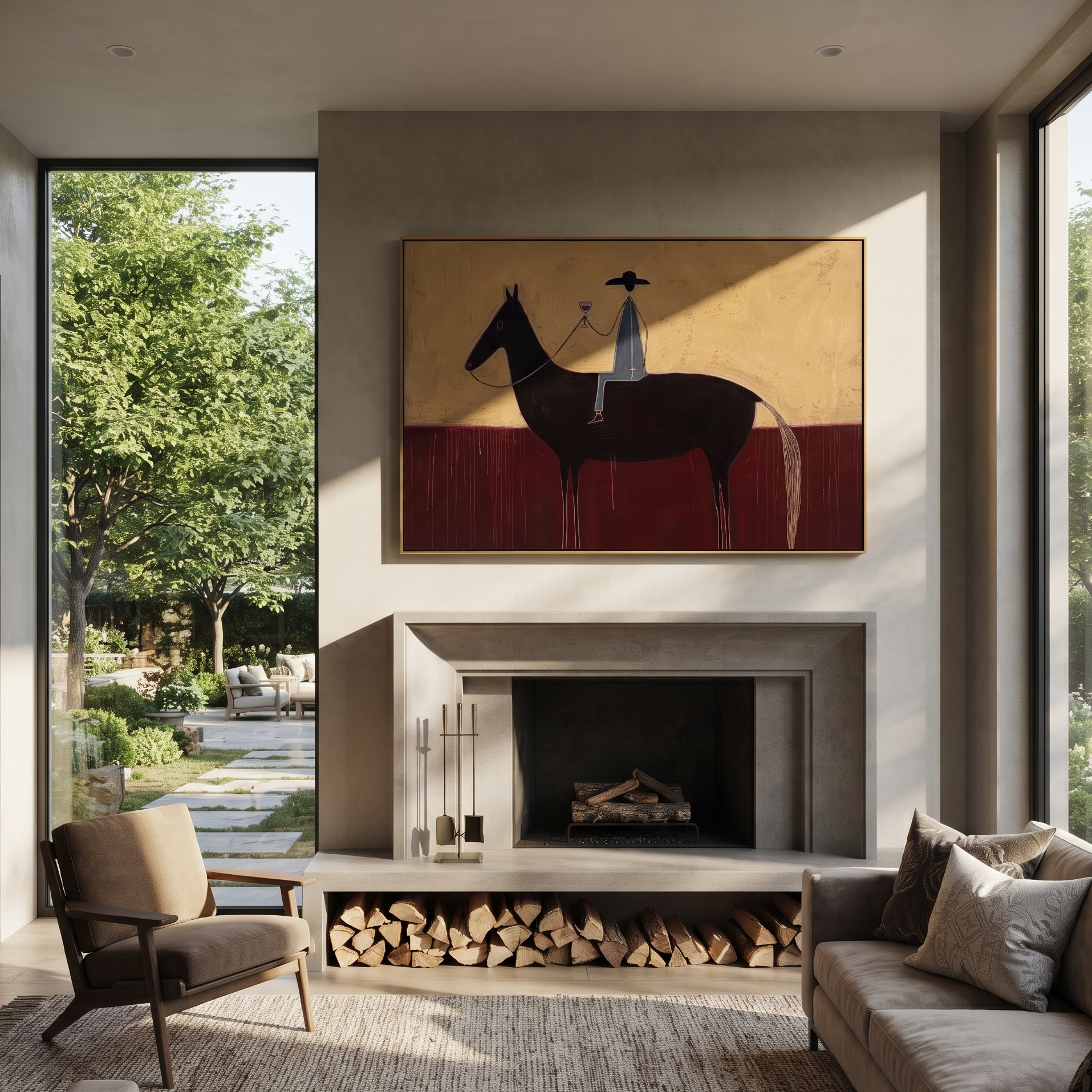 Wine Rises Above Black styled with warm modern furnishings
