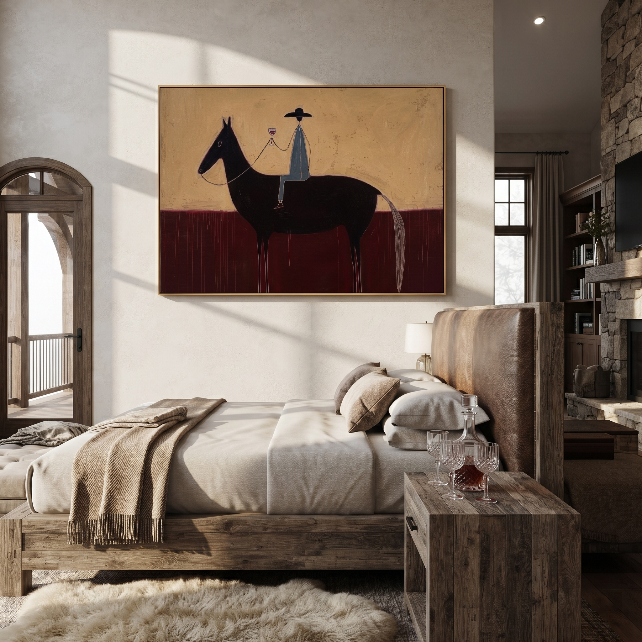 Wine Rises Above Black styled with wood, linen, and modern decor