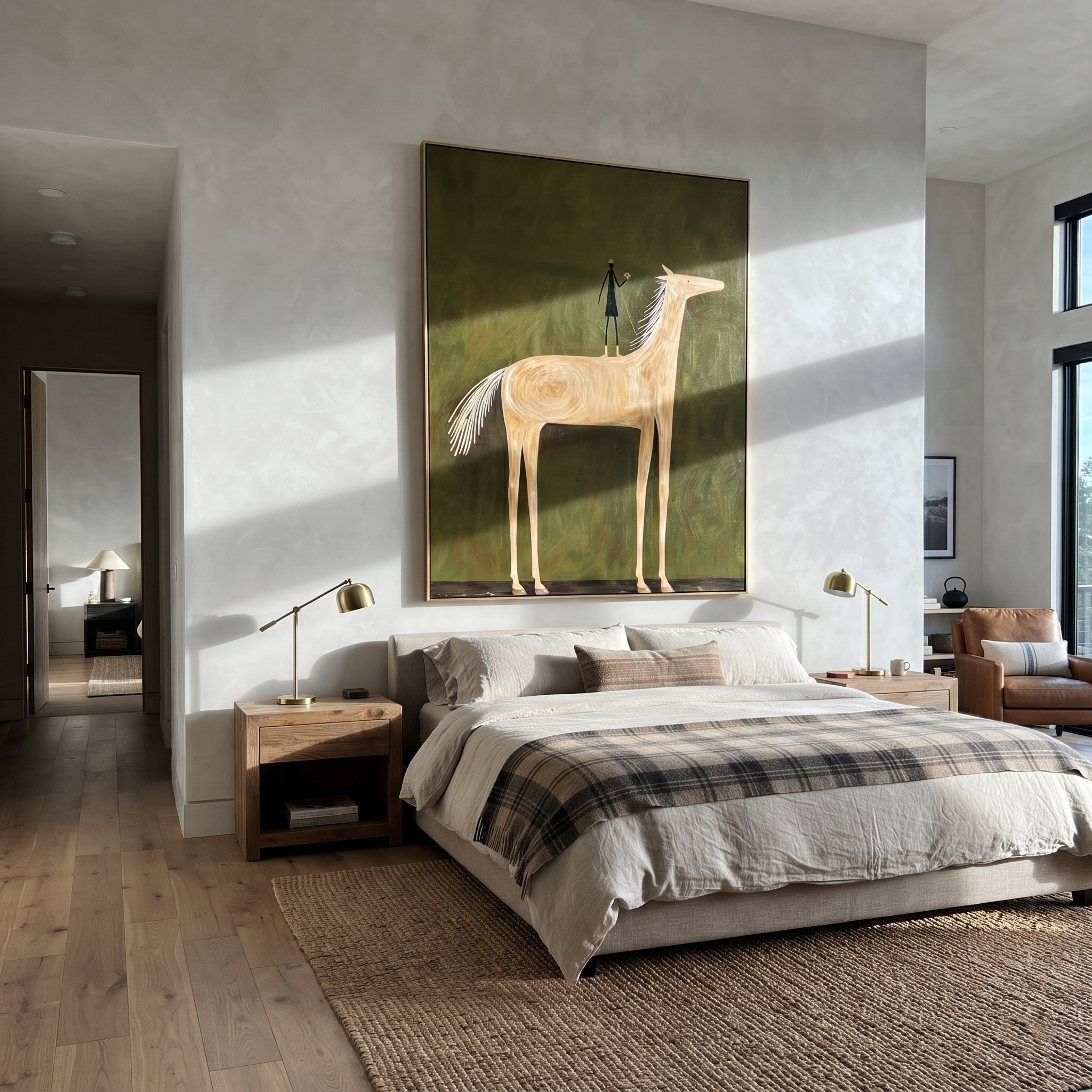 Pale Horse Holds Figure styled with wood, linen, and modern decor