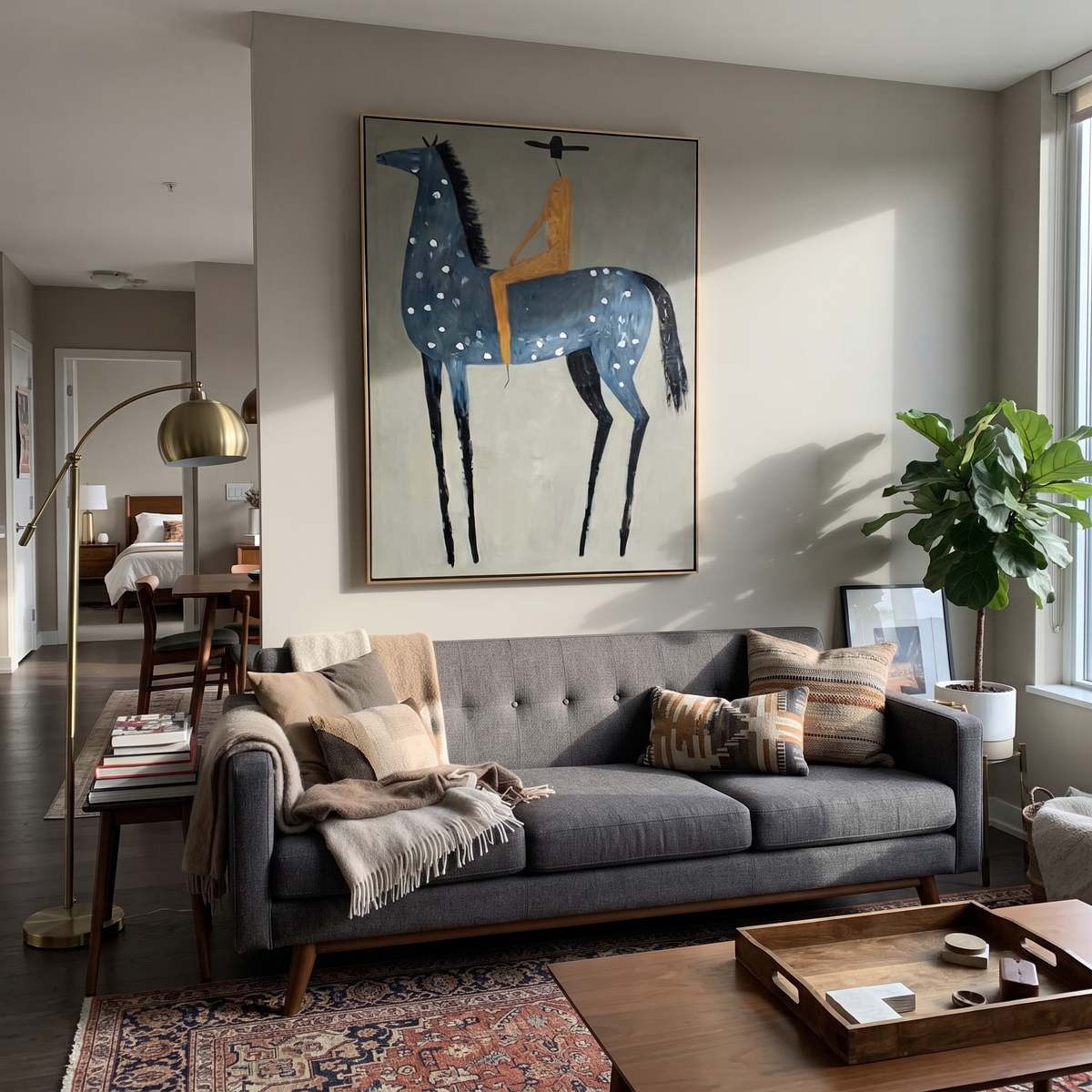 Blue Dapples Carry Gold displayed in a layered residential setting