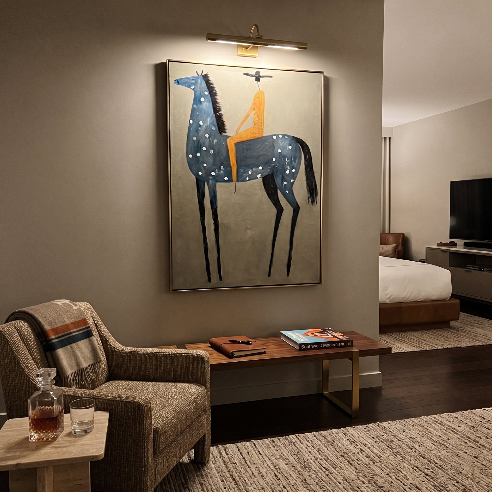 Blue Dapples Carry Gold styled with wood, linen, and modern decor