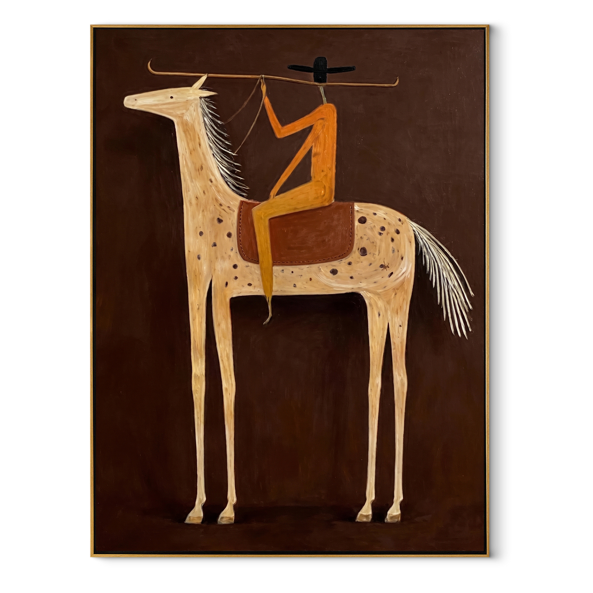 Long Rein Frames Ivory equestrian horse painting, vertical canvas artwork