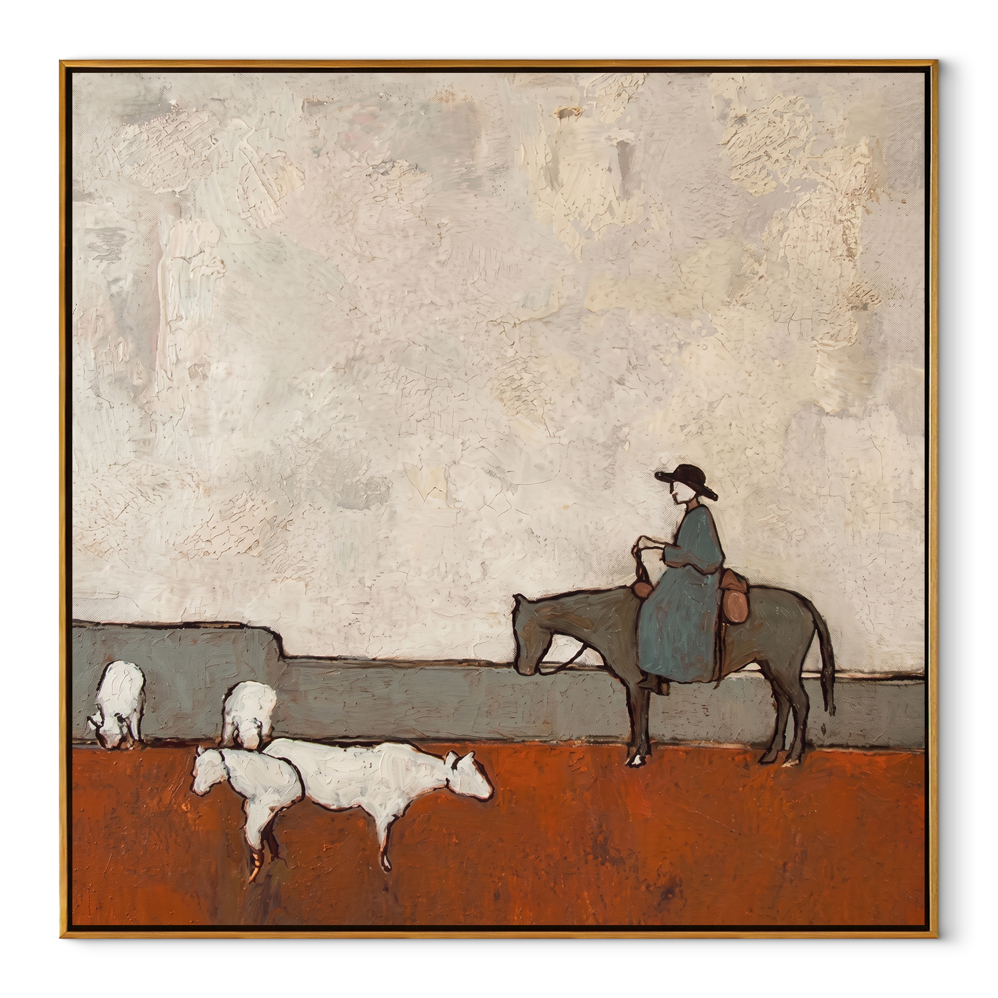 Sheep Cross Rust Pasture equestrian horse painting, square canvas artwork