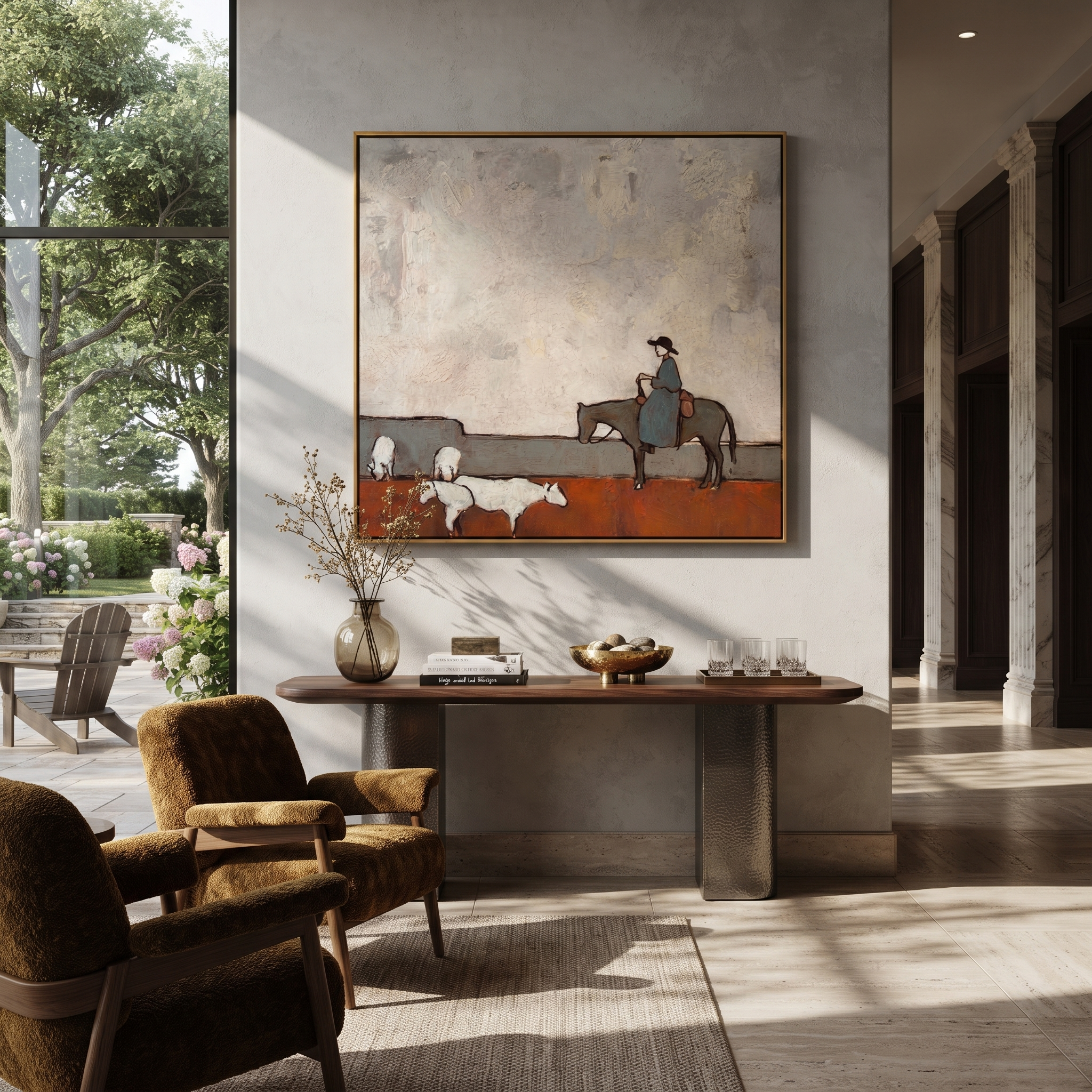 Sheep Cross Rust Pasture styled with wood, linen, and modern decor