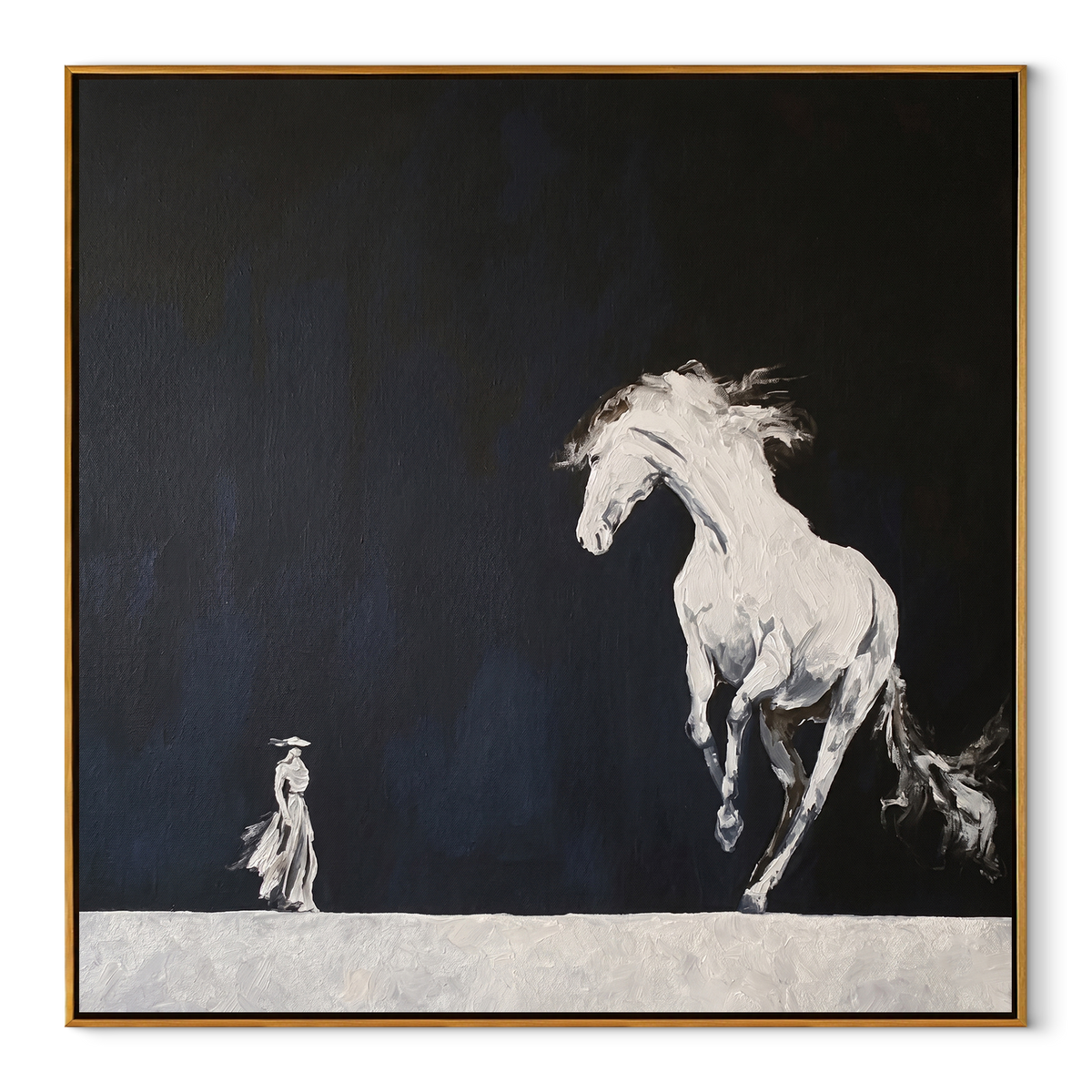 White Horse Rises Night equestrian horse painting, square canvas artwork