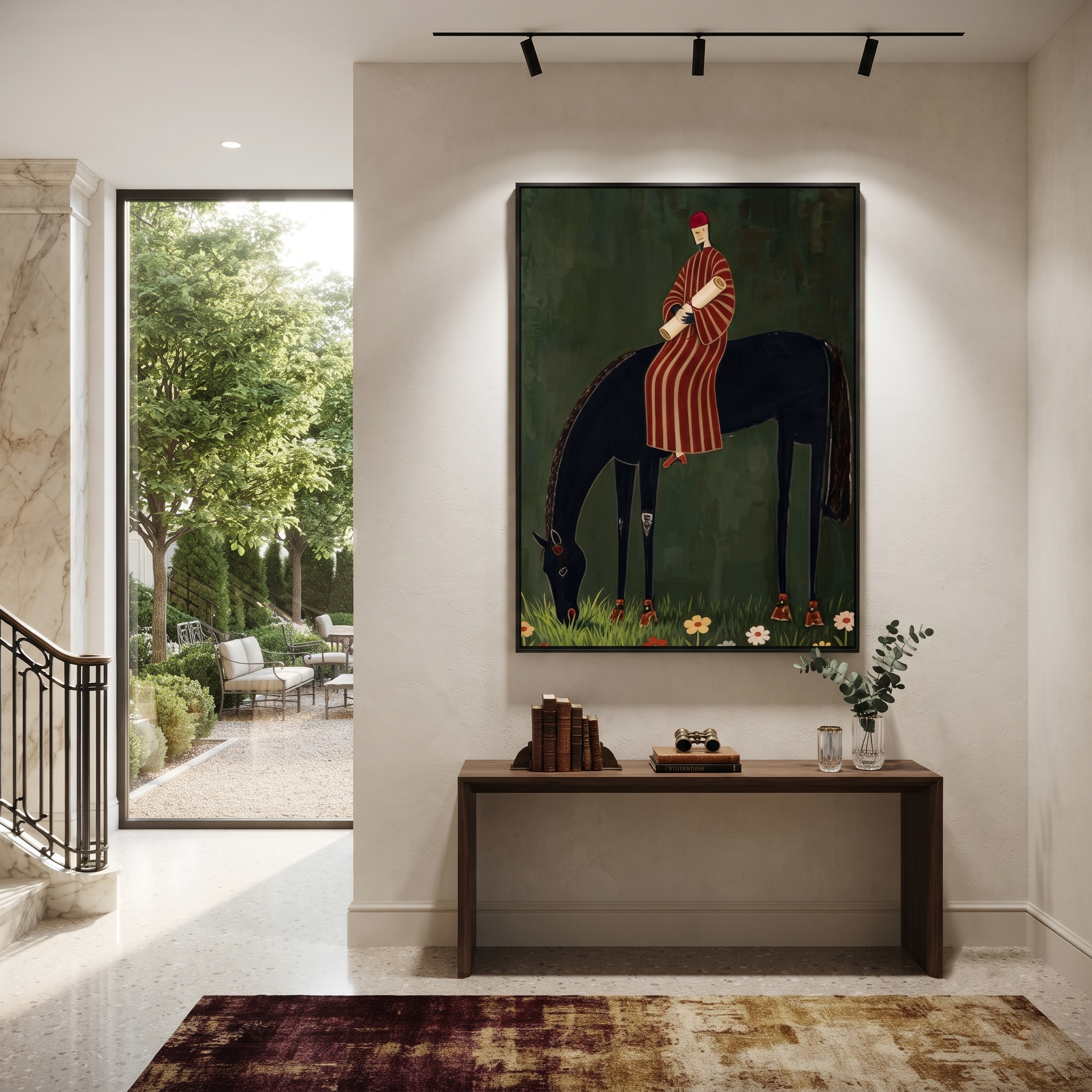 Striped Rider Finds Meadow displayed in a collected contemporary interior