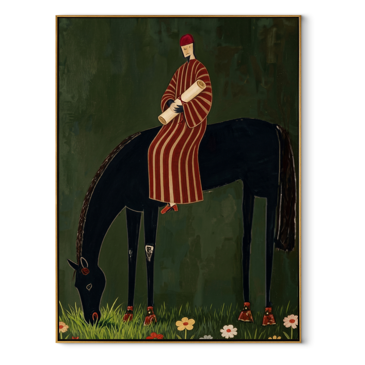 Striped Rider Finds Meadow equestrian horse painting, vertical canvas artwork